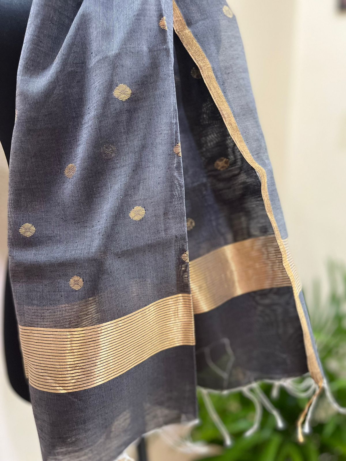 Chanderi Silk Handwoven Stole with zari motifs - Black