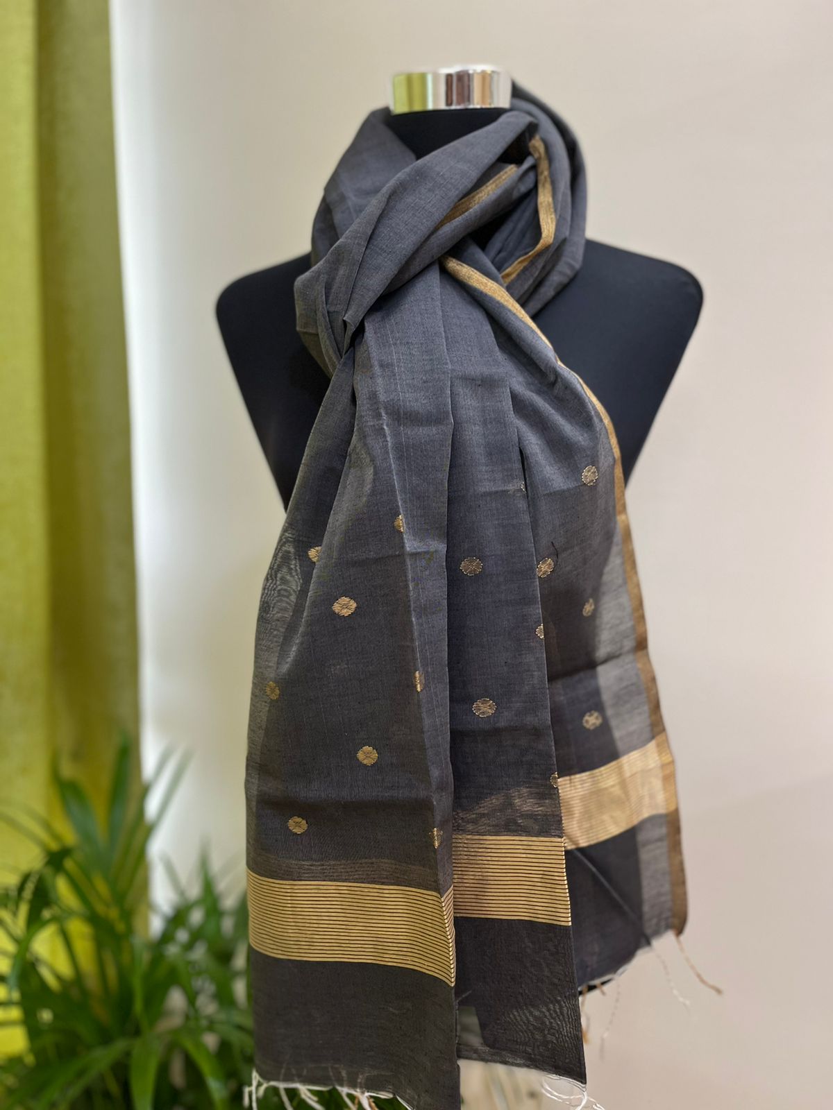 Chanderi Silk Handwoven Stole with zari motifs - Black