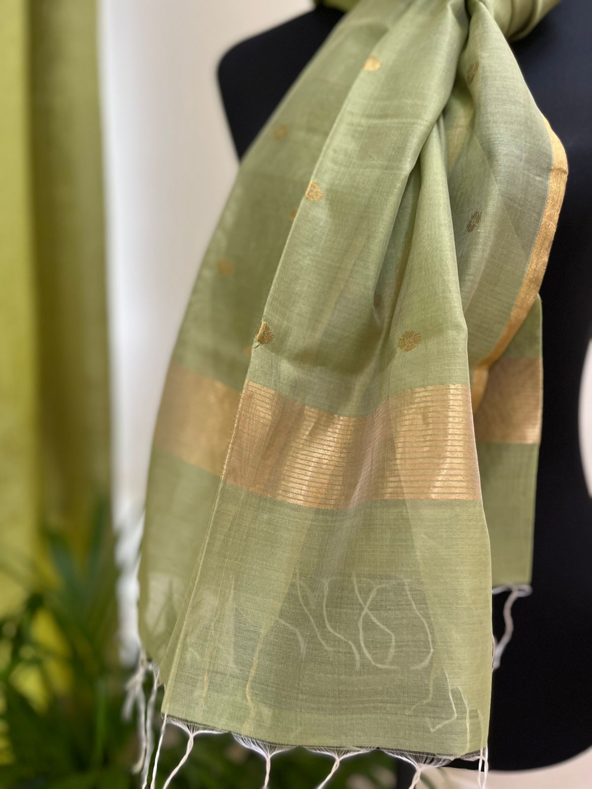 Chanderi Silk Handwoven Stole with zari motifs - Green
