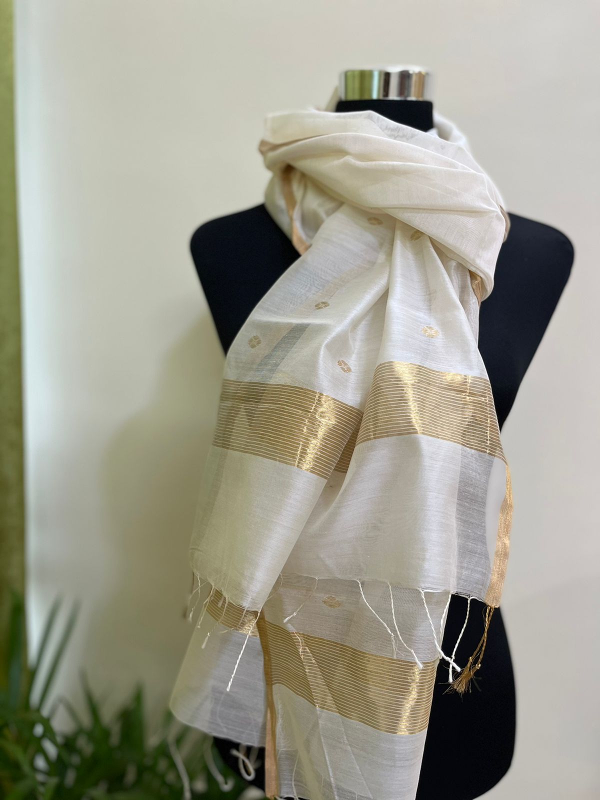 Chanderi Silk Handwoven Stole with zari motifs - Off white