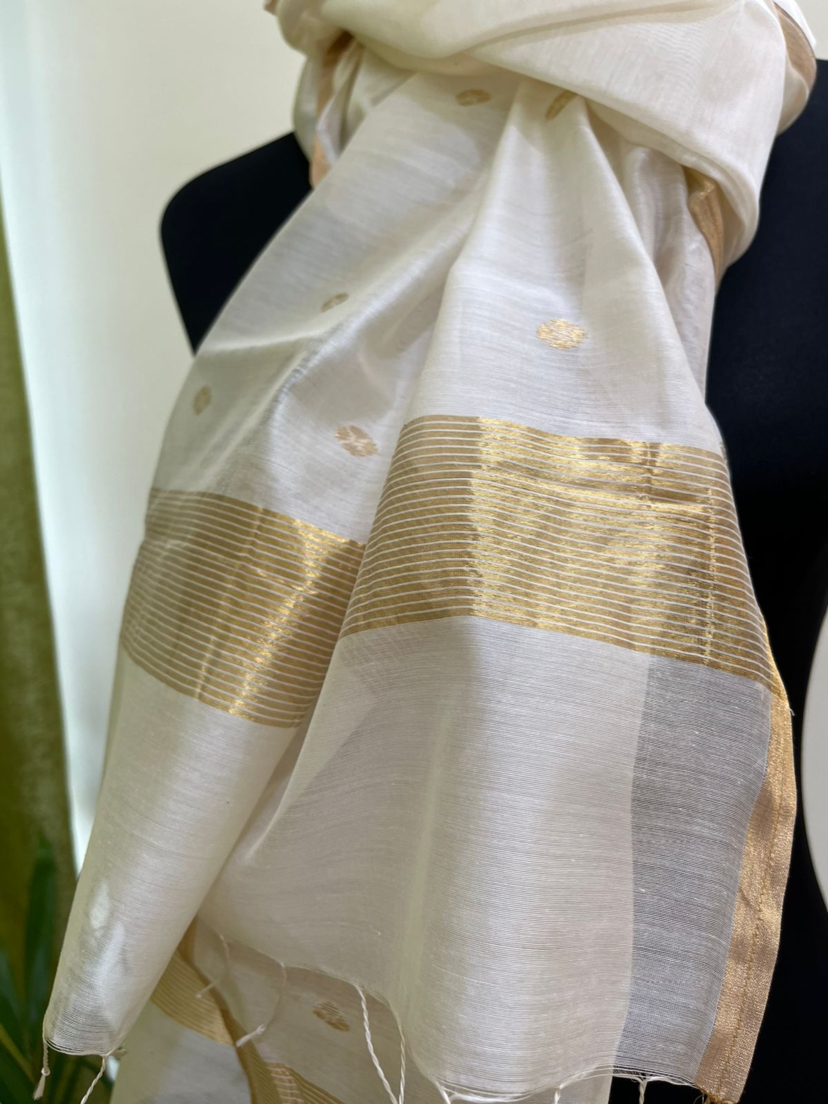Chanderi Silk Handwoven Stole with zari motifs - Off white