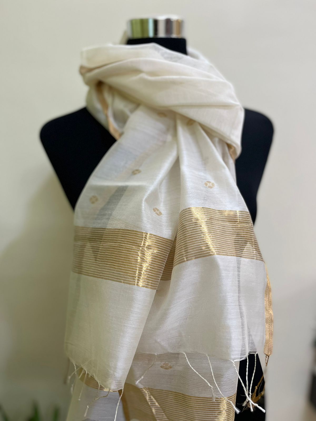 Chanderi Silk Handwoven Stole with zari motifs - Off white