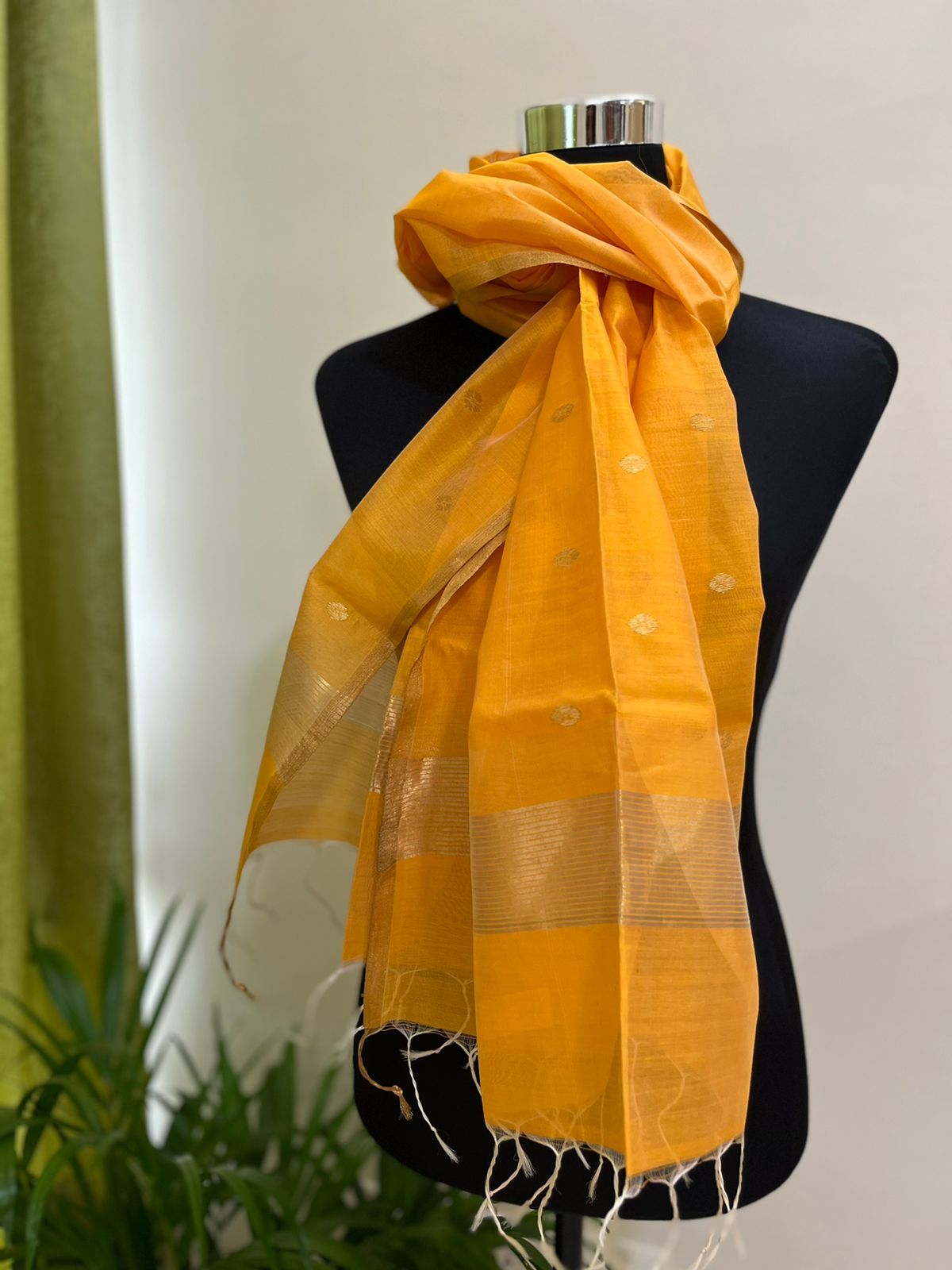 Chanderi Silk Handwoven Stole with zari motifs - Yellow