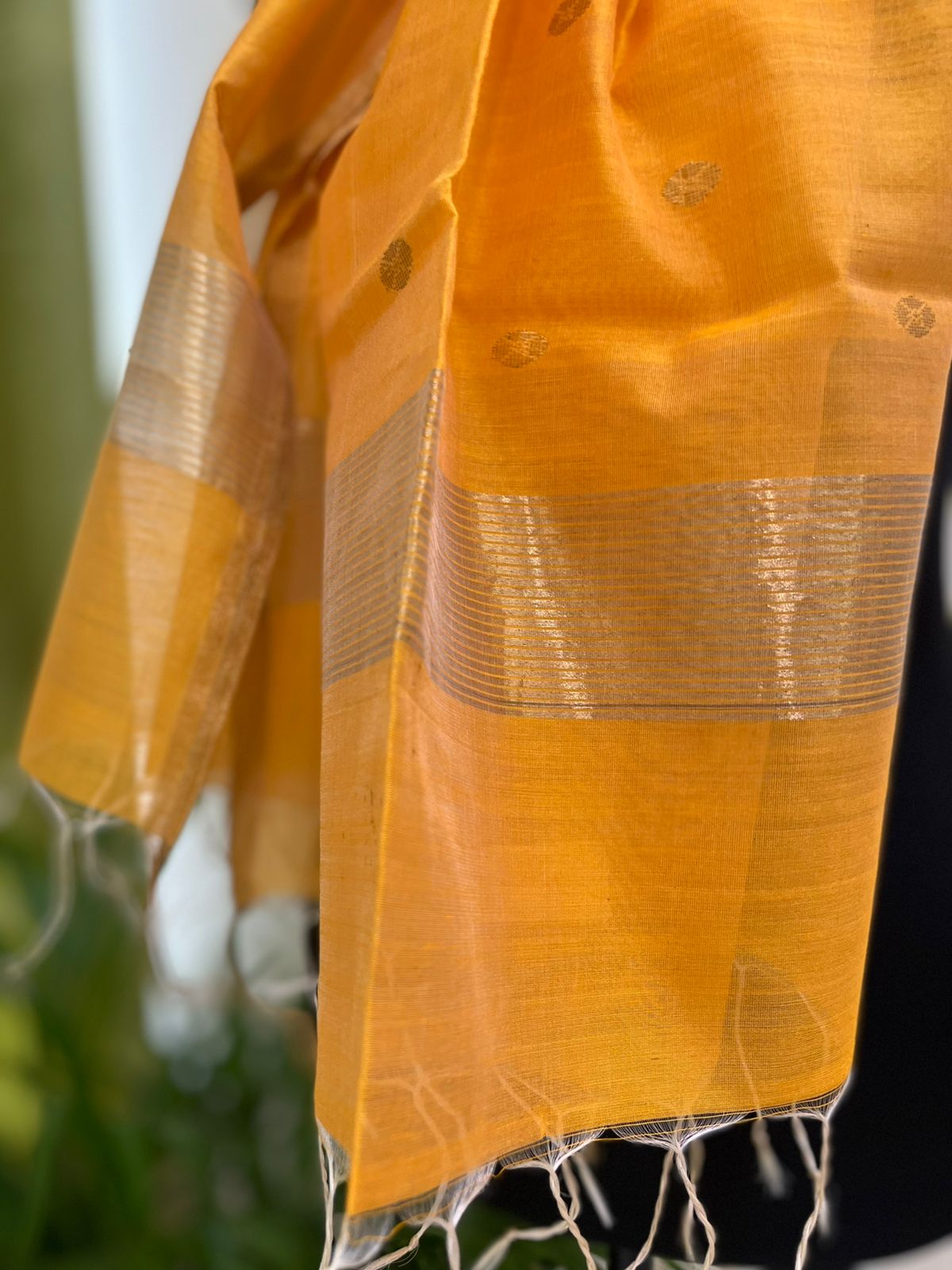 Chanderi Silk Handwoven Stole with zari motifs - Yellow