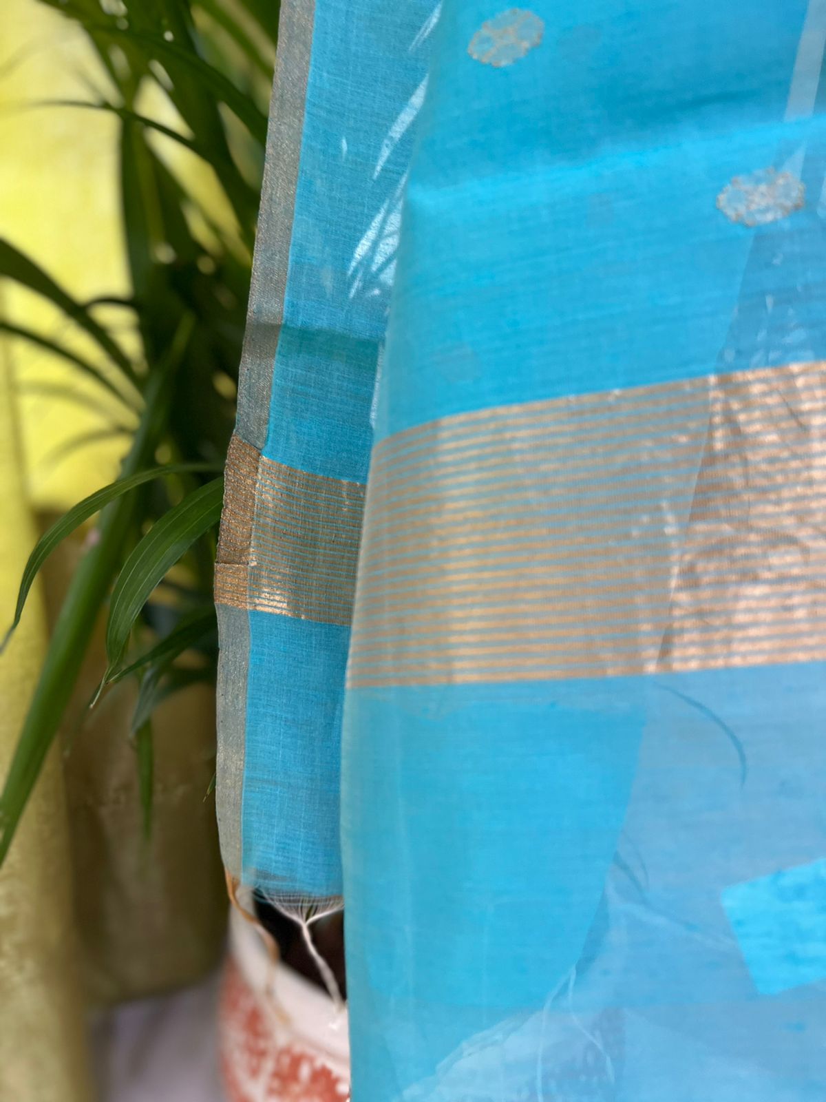 Chanderi Silk Handwoven Stole with zari motifs - Blue