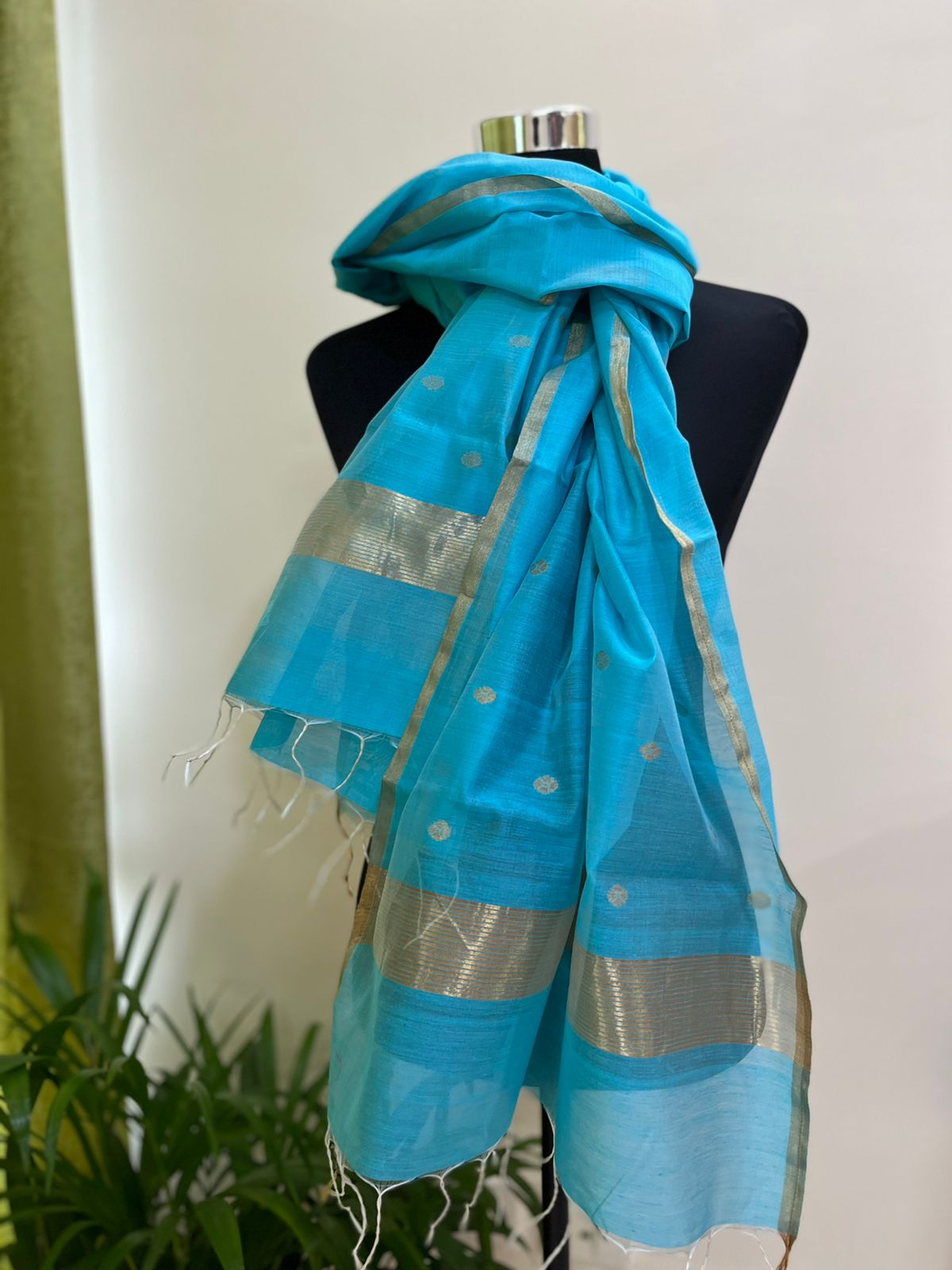 Chanderi Silk Handwoven Stole with zari motifs - Blue
