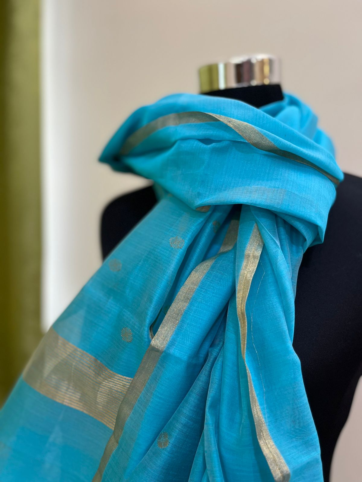Chanderi Silk Handwoven Stole with zari motifs - Blue