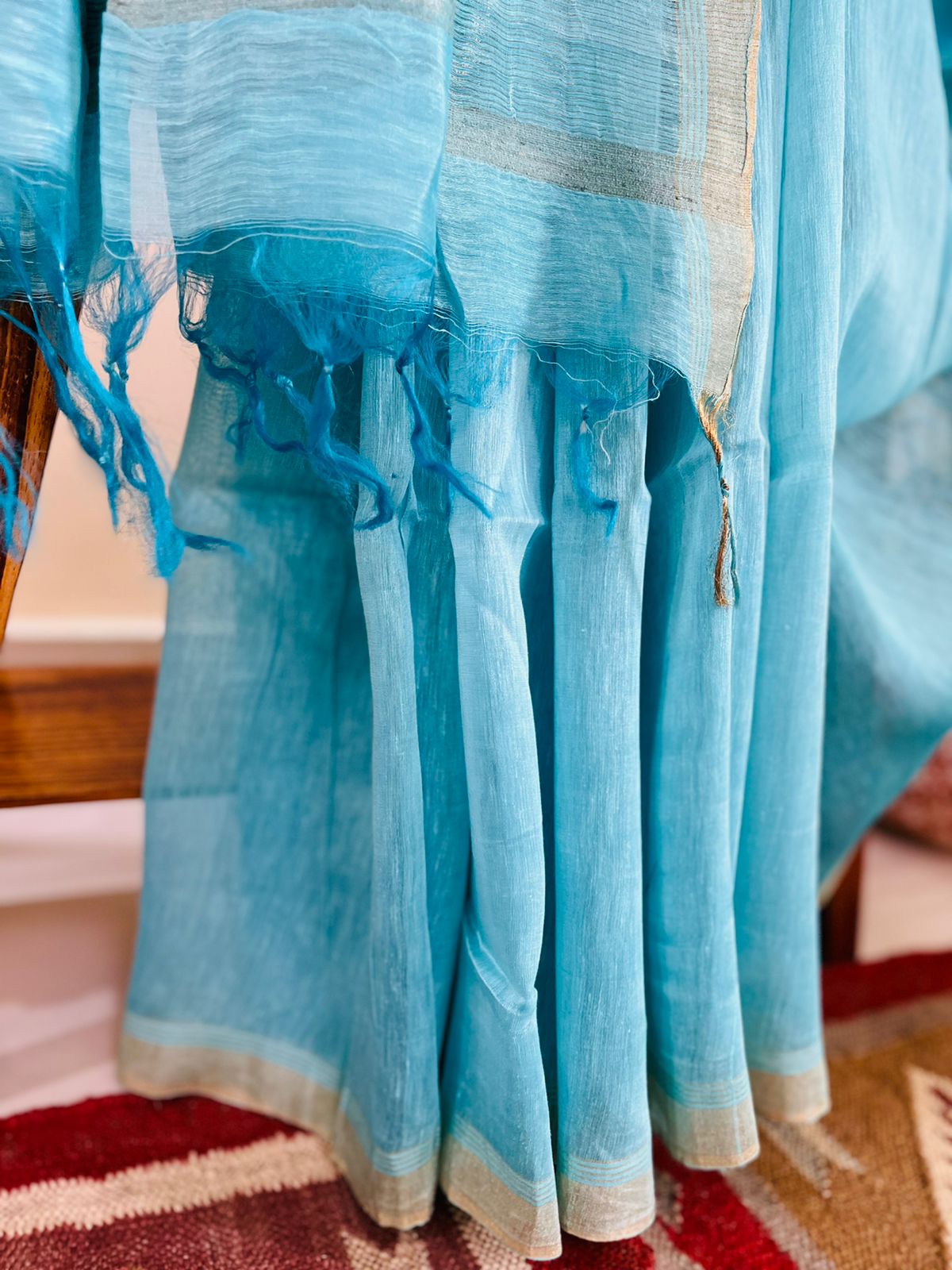 Tussar linen woven zari saree - Sky Blue