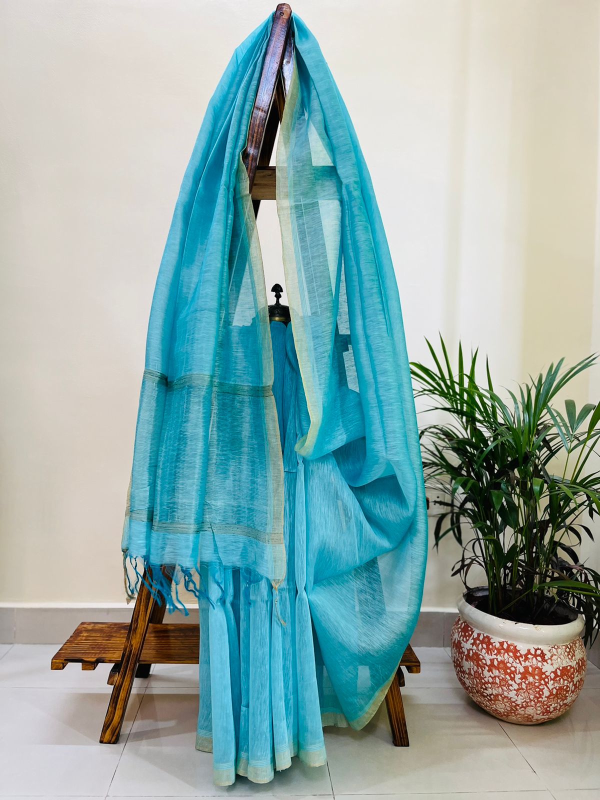 Tussar linen woven zari saree - Sky Blue