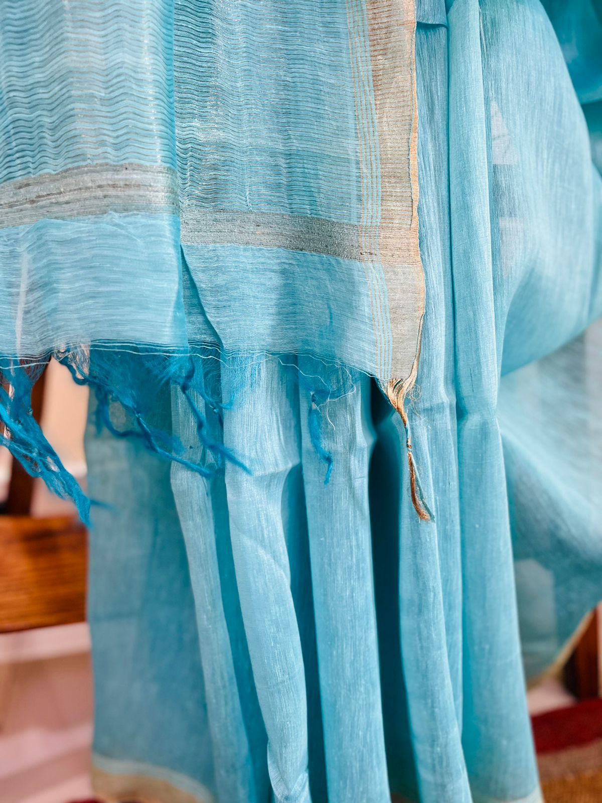 Tussar linen woven zari saree - Sky Blue
