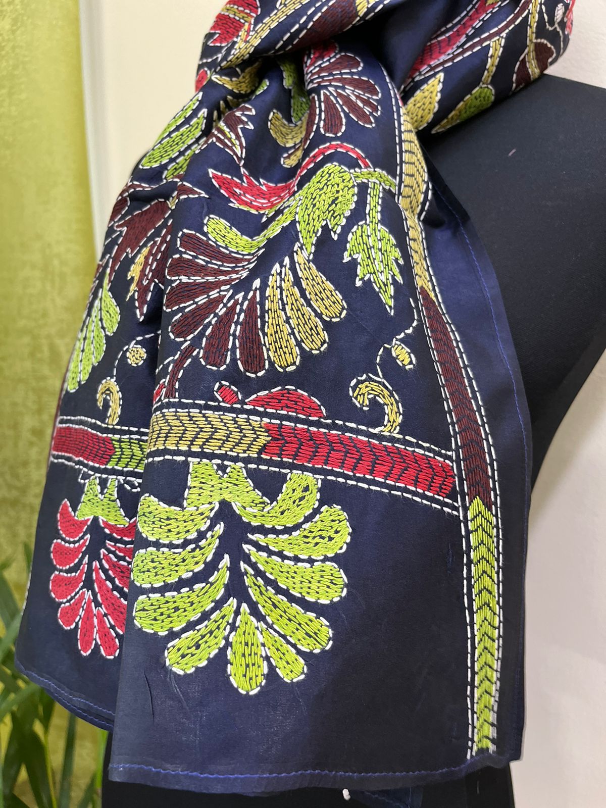 Pure Bangalore Silk Kantha Hand Embroidered Stole - Navy Blue