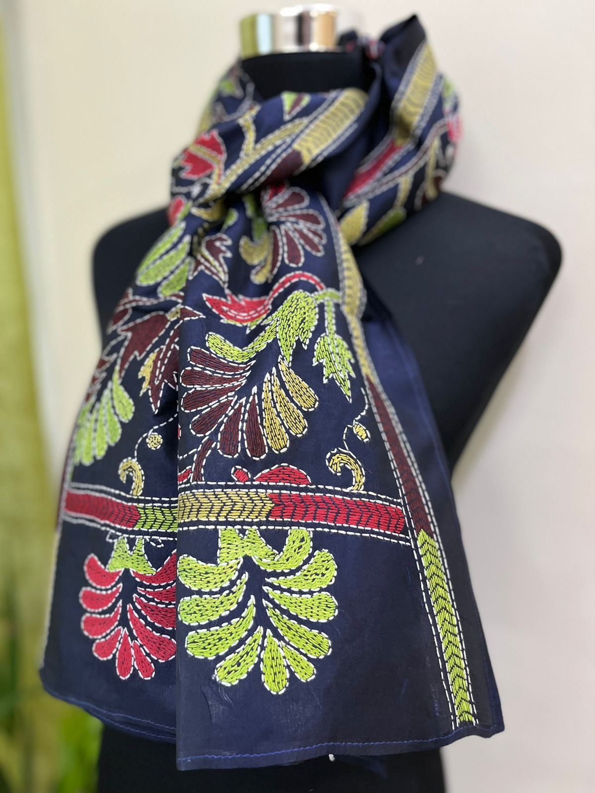 Pure Bangalore Silk Kantha Hand Embroidered Stole - Navy Blue