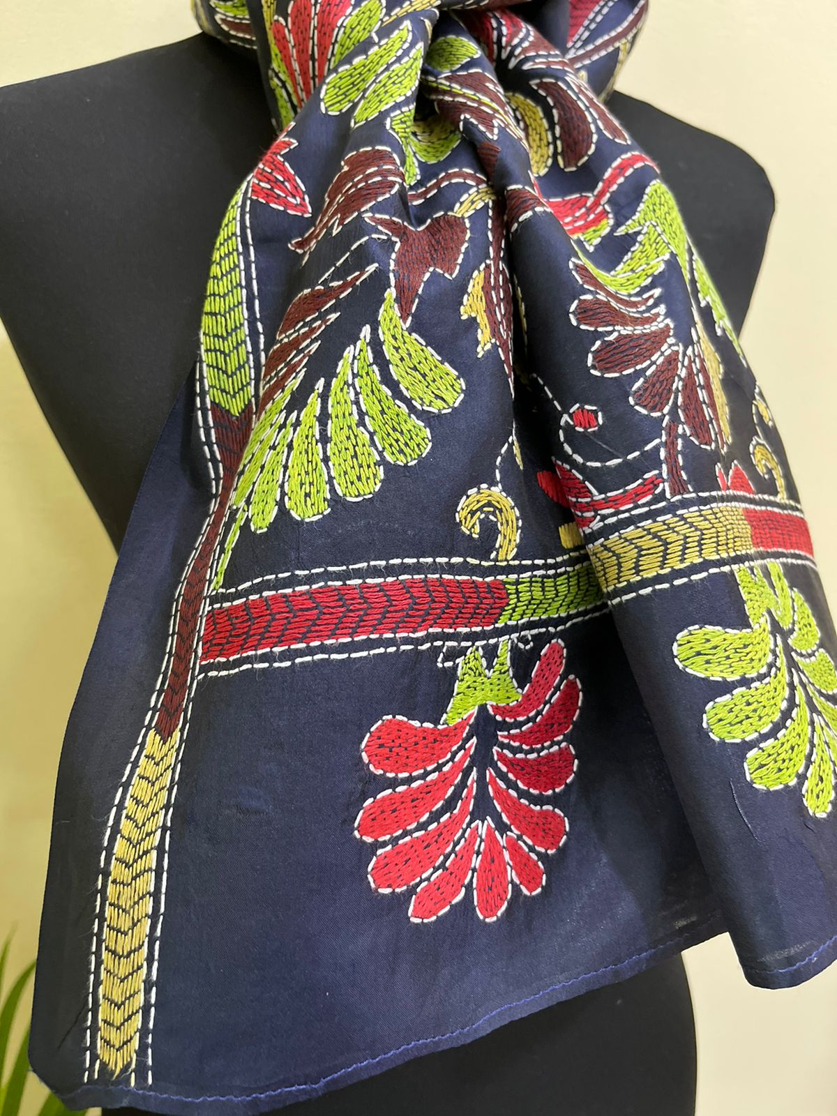 Pure Bangalore Silk Kantha Hand Embroidered Stole - Navy Blue