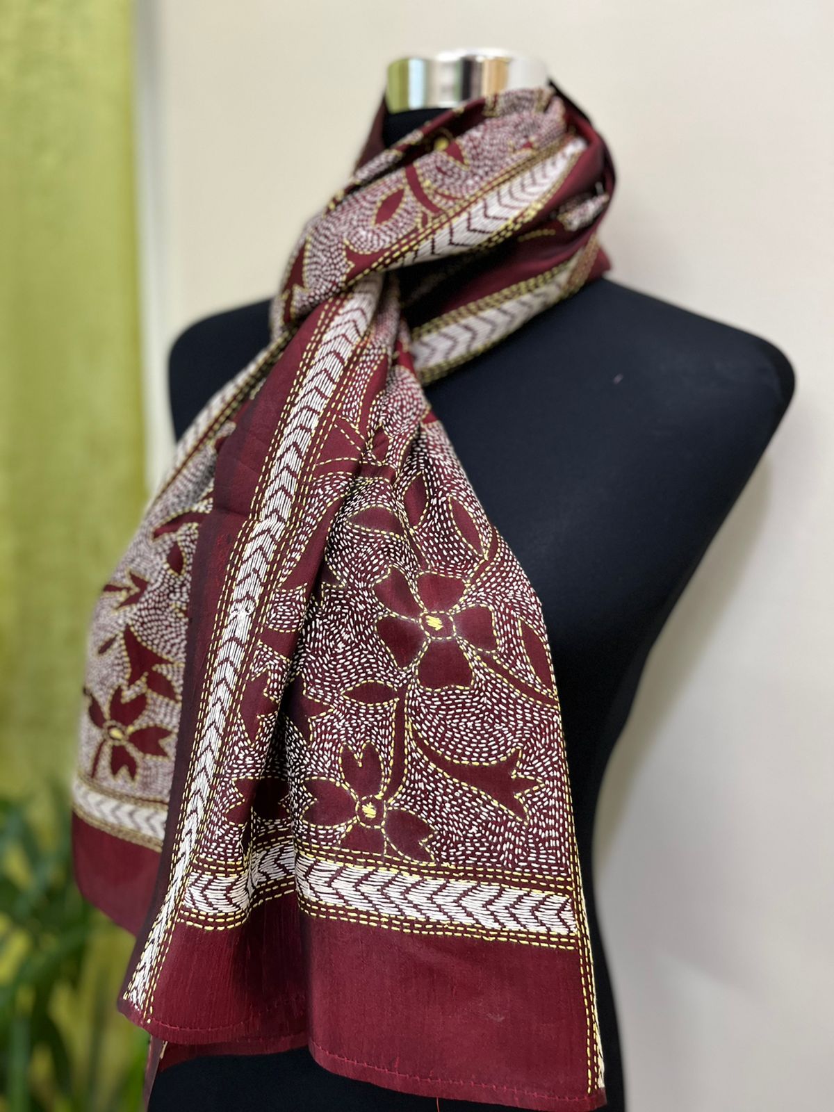 Pure Silk Kantha Hand Embroidered Stole - Maroon