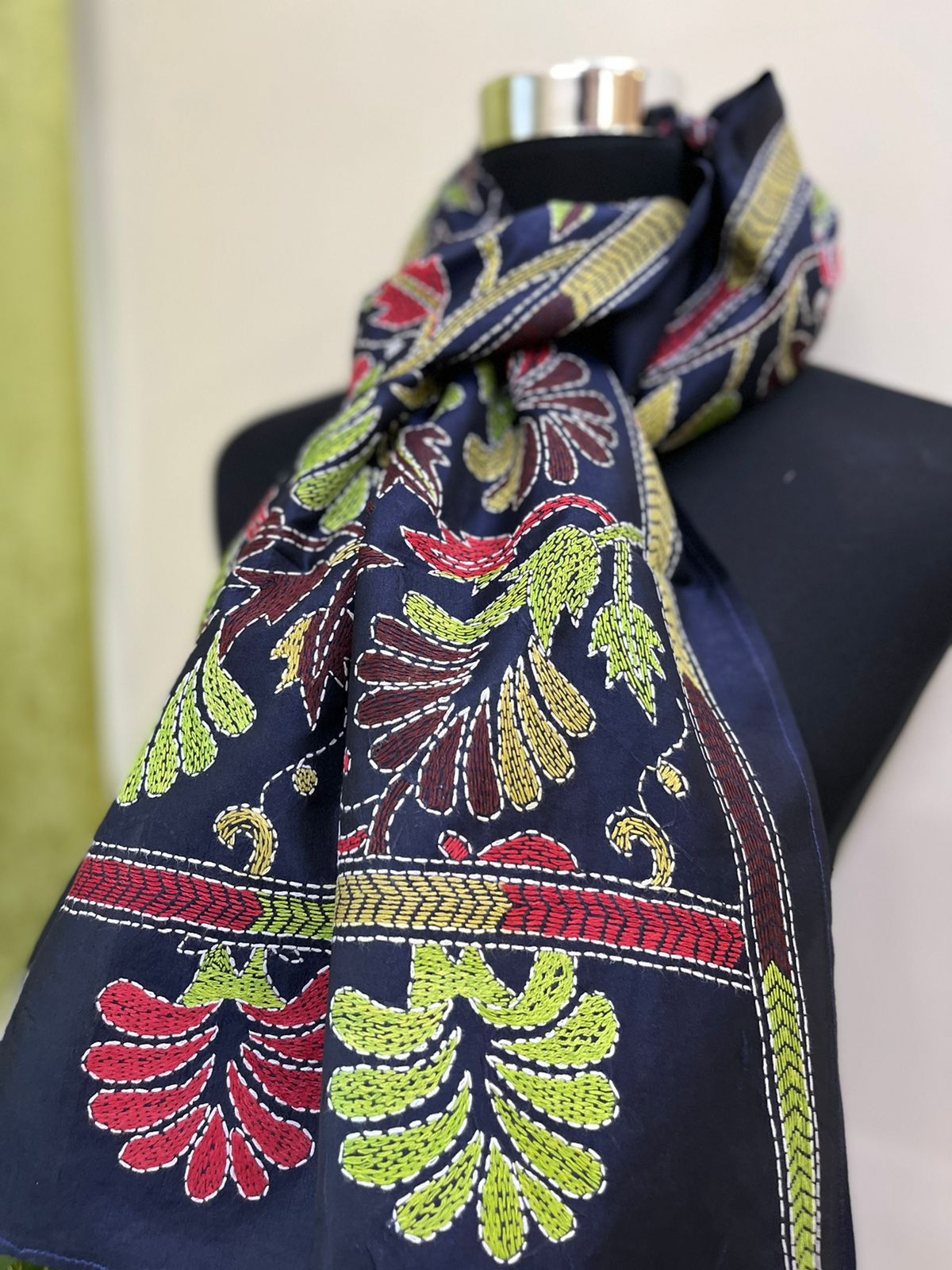 Pure Bangalore Silk Kantha Hand Embroidered Stole - Navy Blue