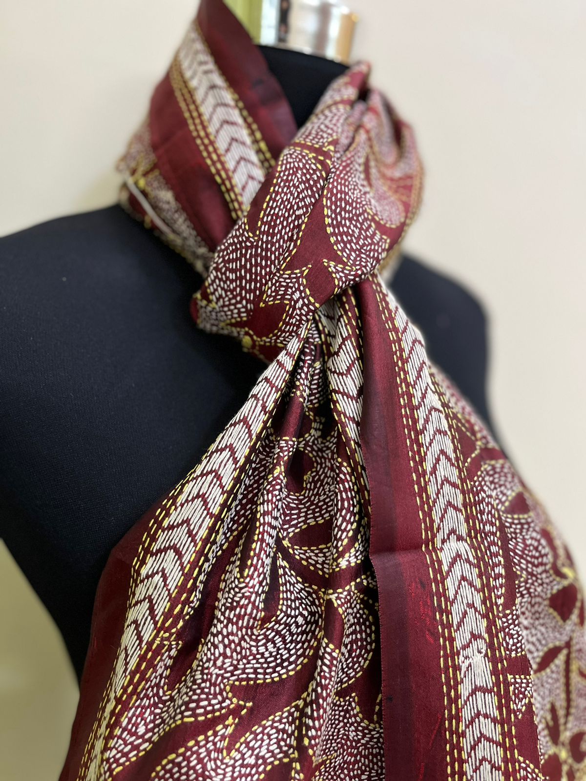 Pure Silk Kantha Hand Embroidered Stole - Maroon