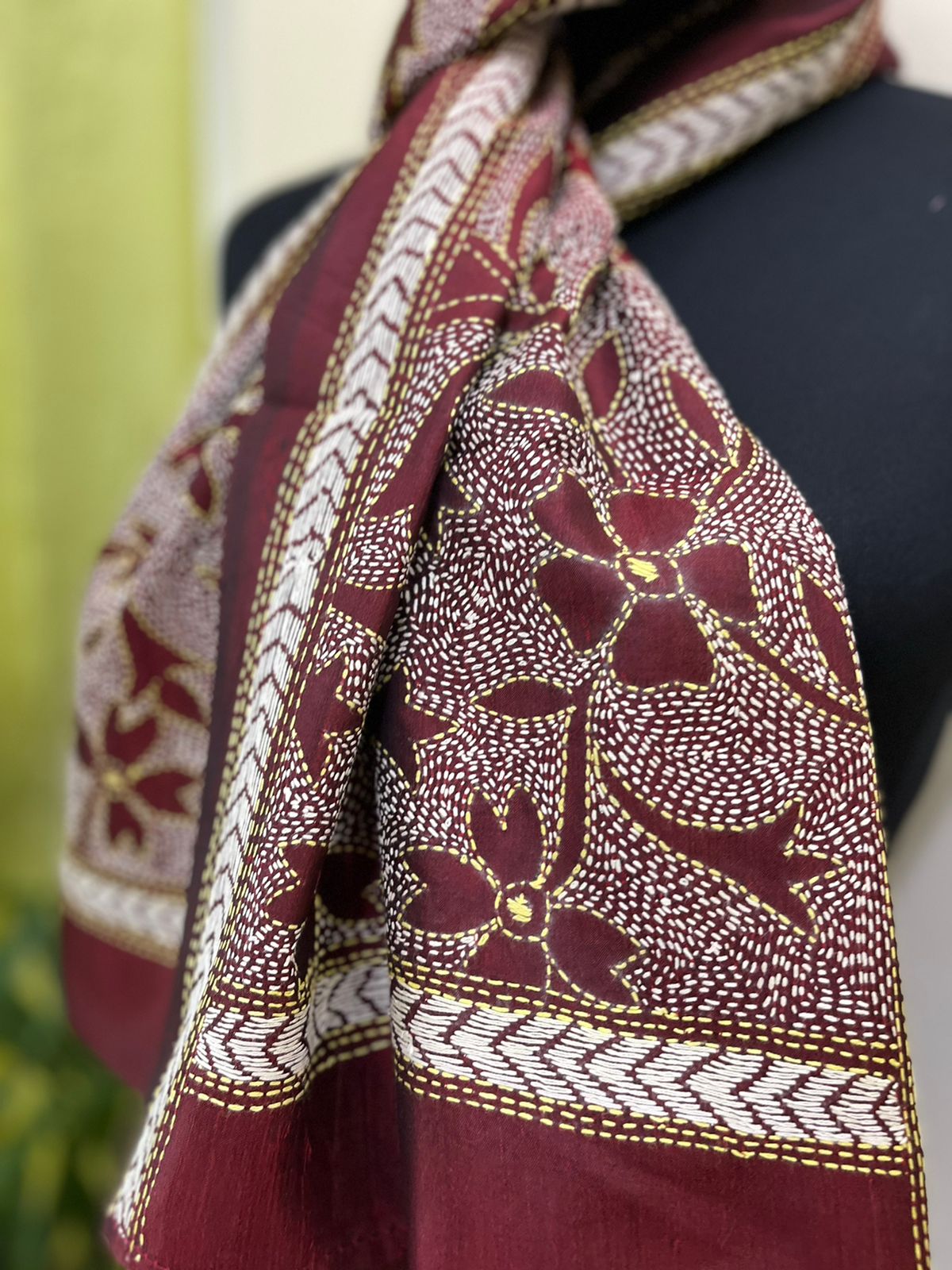 Pure Silk Kantha Hand Embroidered Stole - Maroon