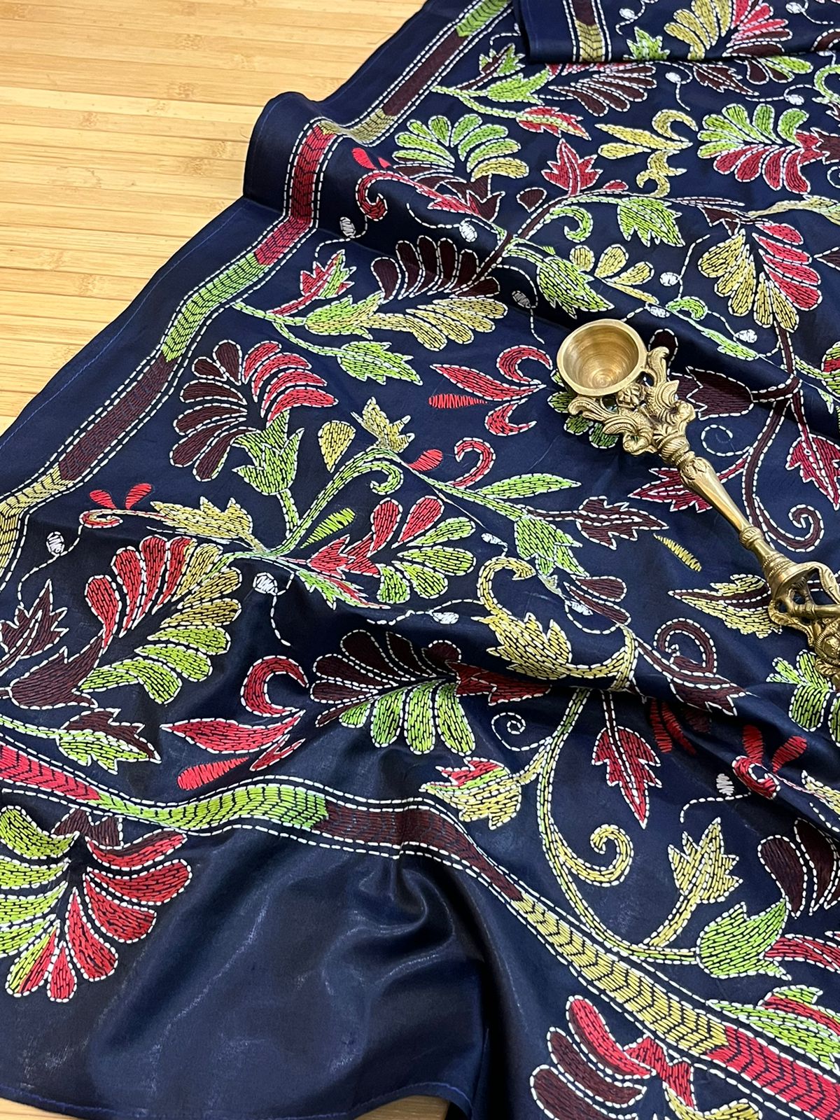 Pure Bangalore Silk Kantha Hand Embroidered Stole - Navy Blue