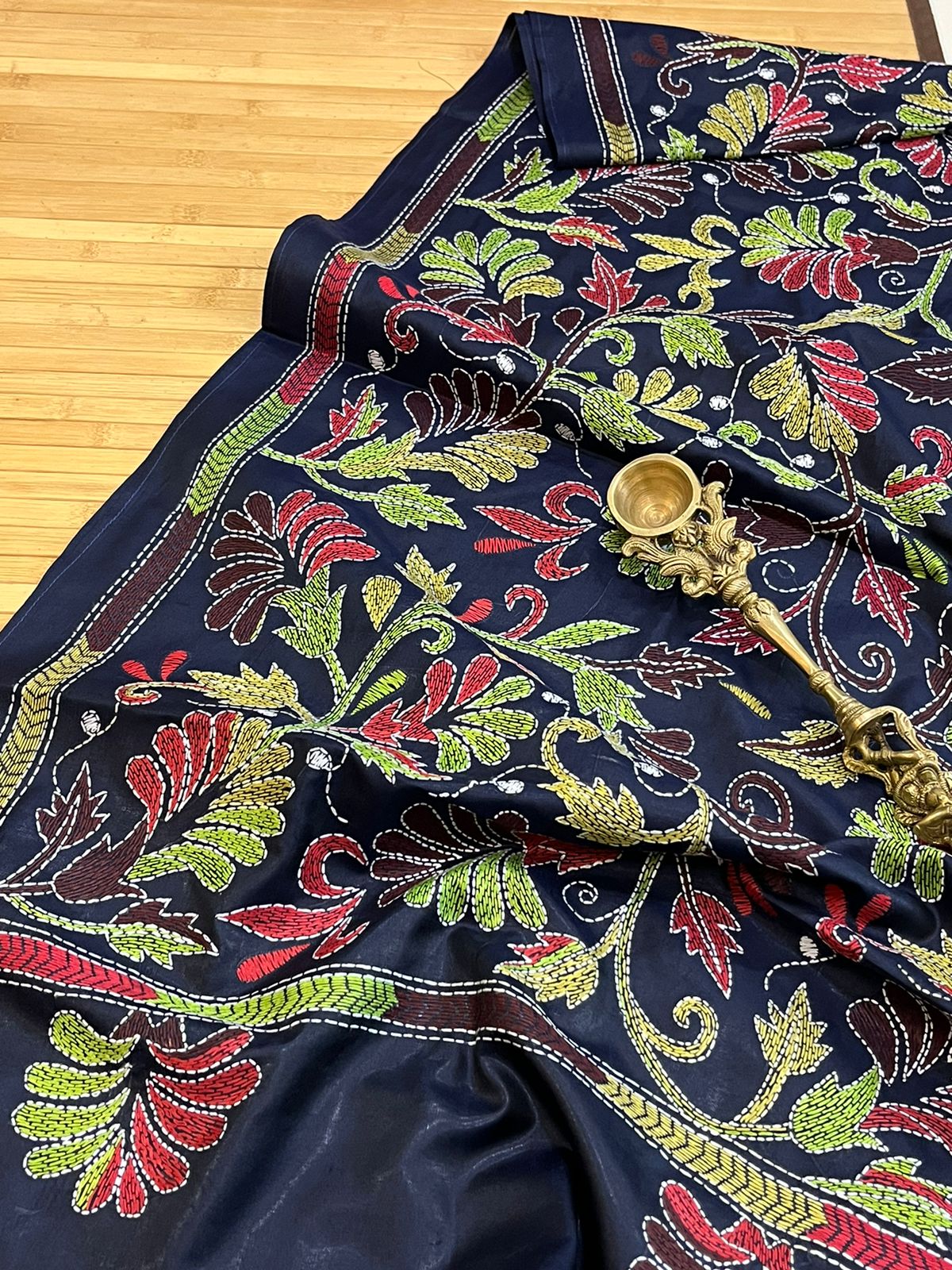 Pure Bangalore Silk Kantha Hand Embroidered Stole - Navy Blue