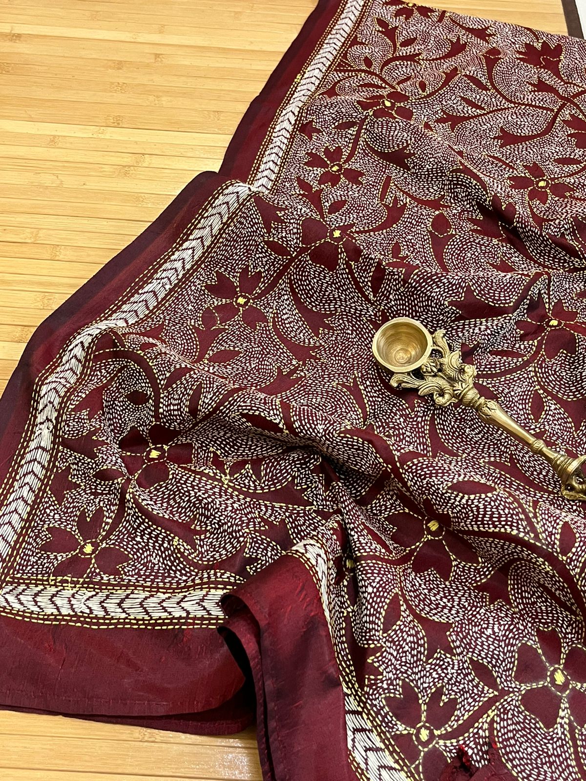 Pure Silk Kantha Hand Embroidered Stole - Maroon