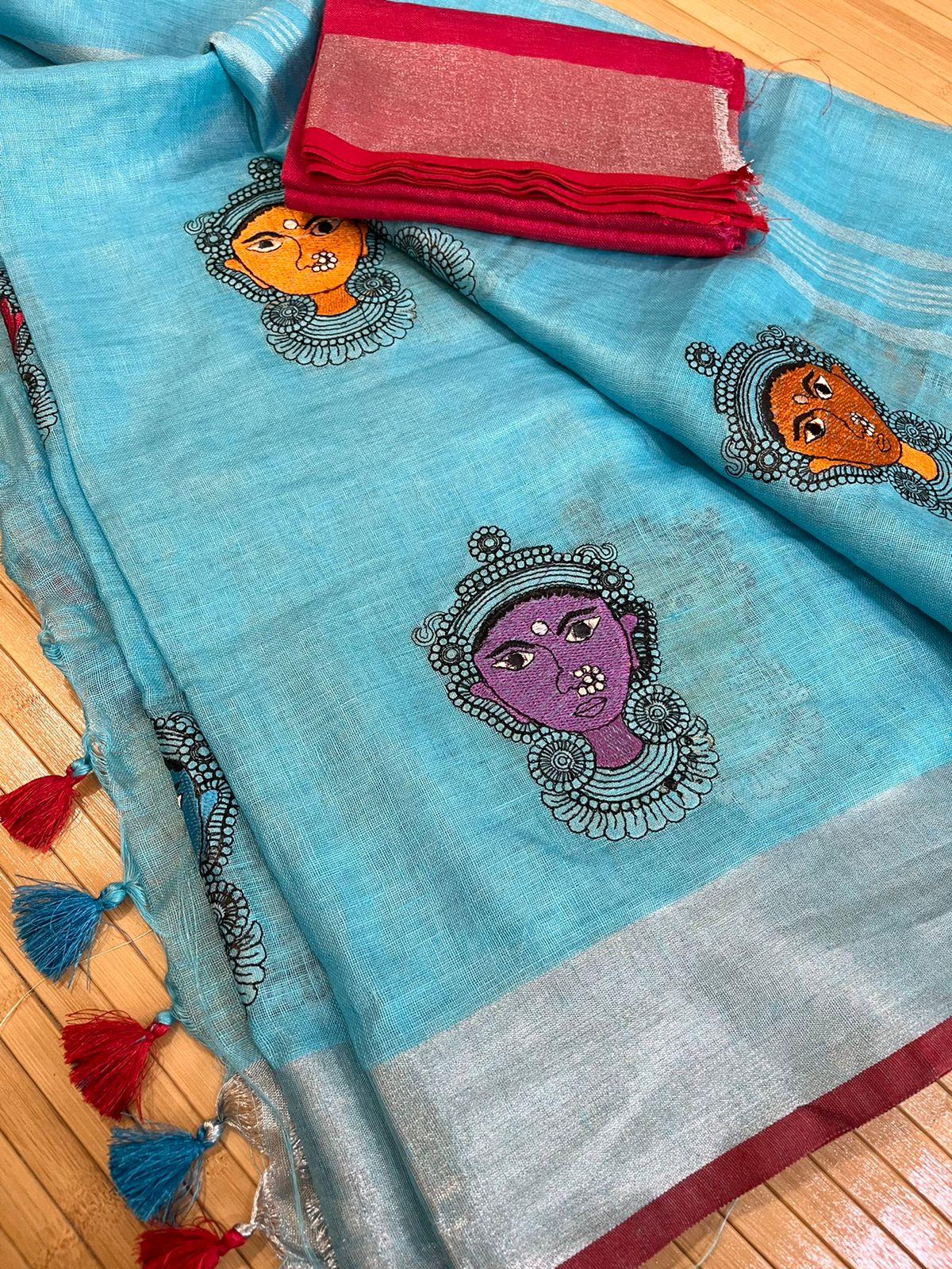 Beautiful handloom linen saree - Sky Blue