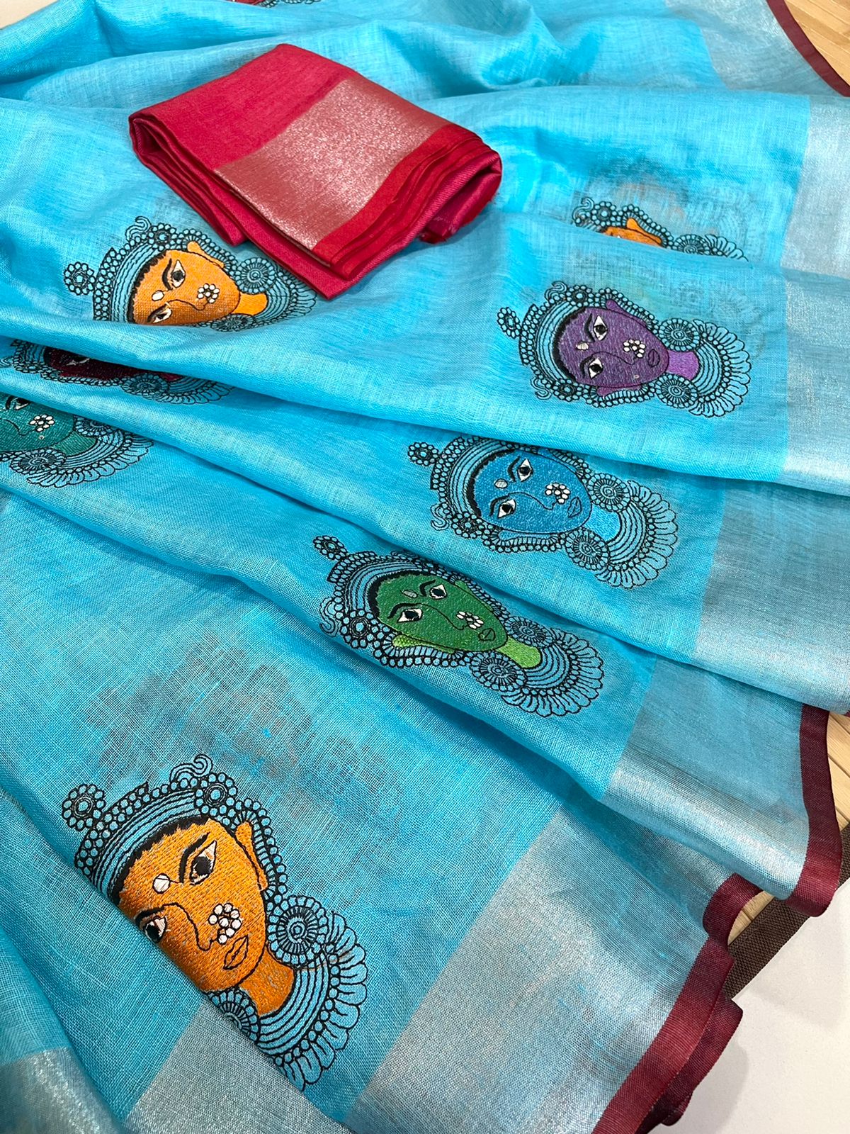 Beautiful handloom linen saree - Sky Blue