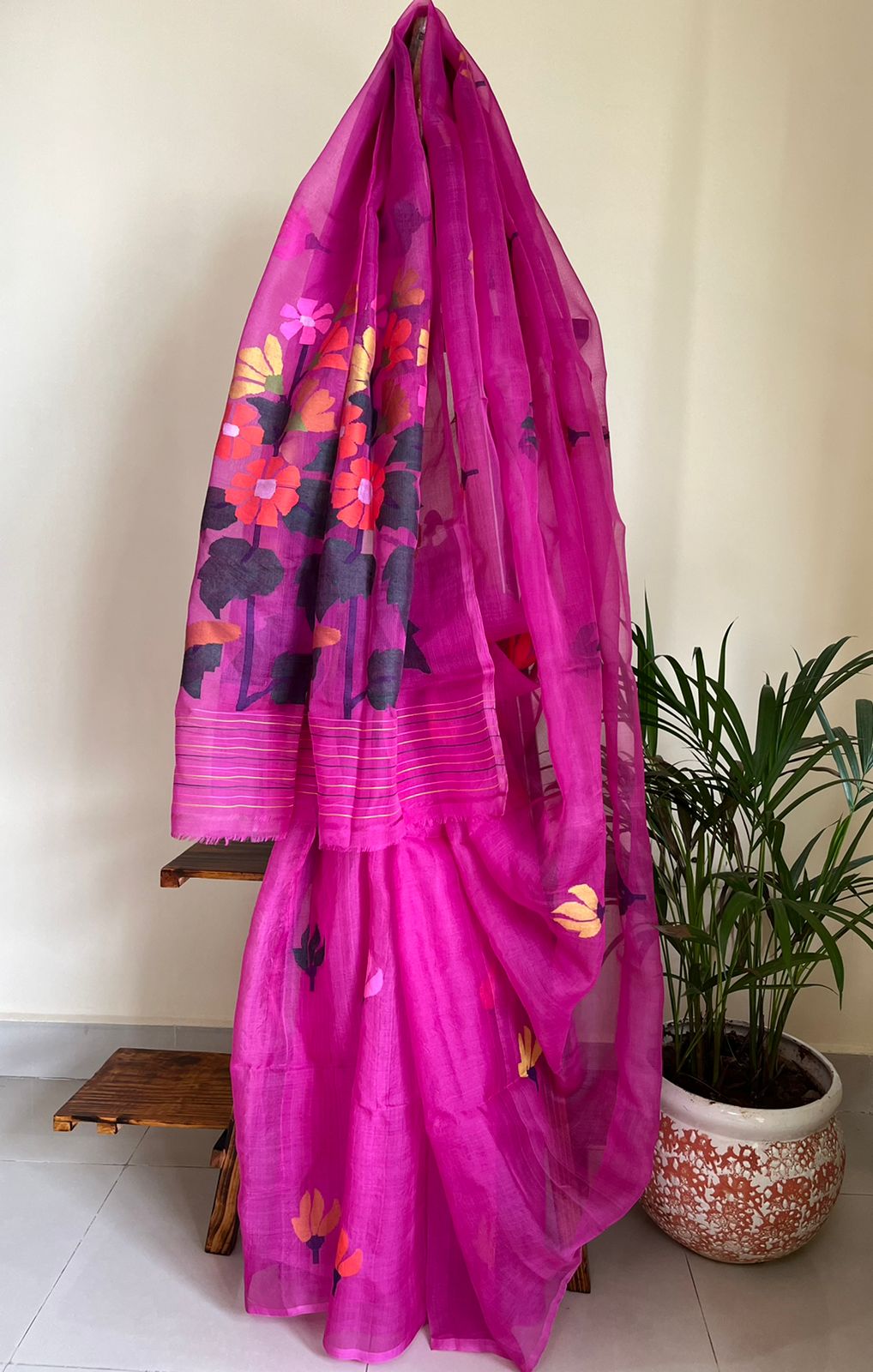 Pure Silk Jamdani Handloom saree - Pink with multicolour weave