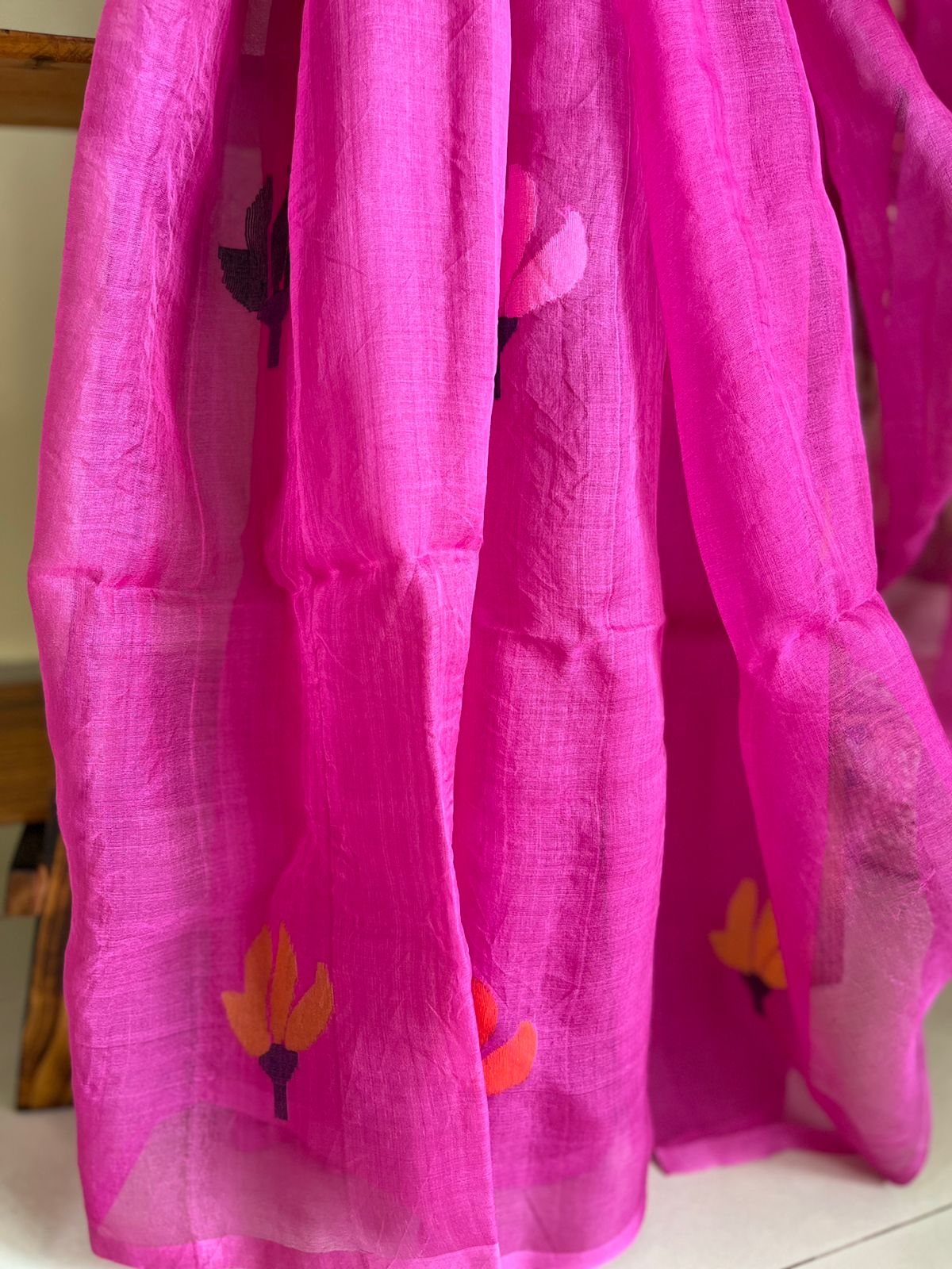 Pure Silk Jamdani Handloom saree - Pink with multicolour weave