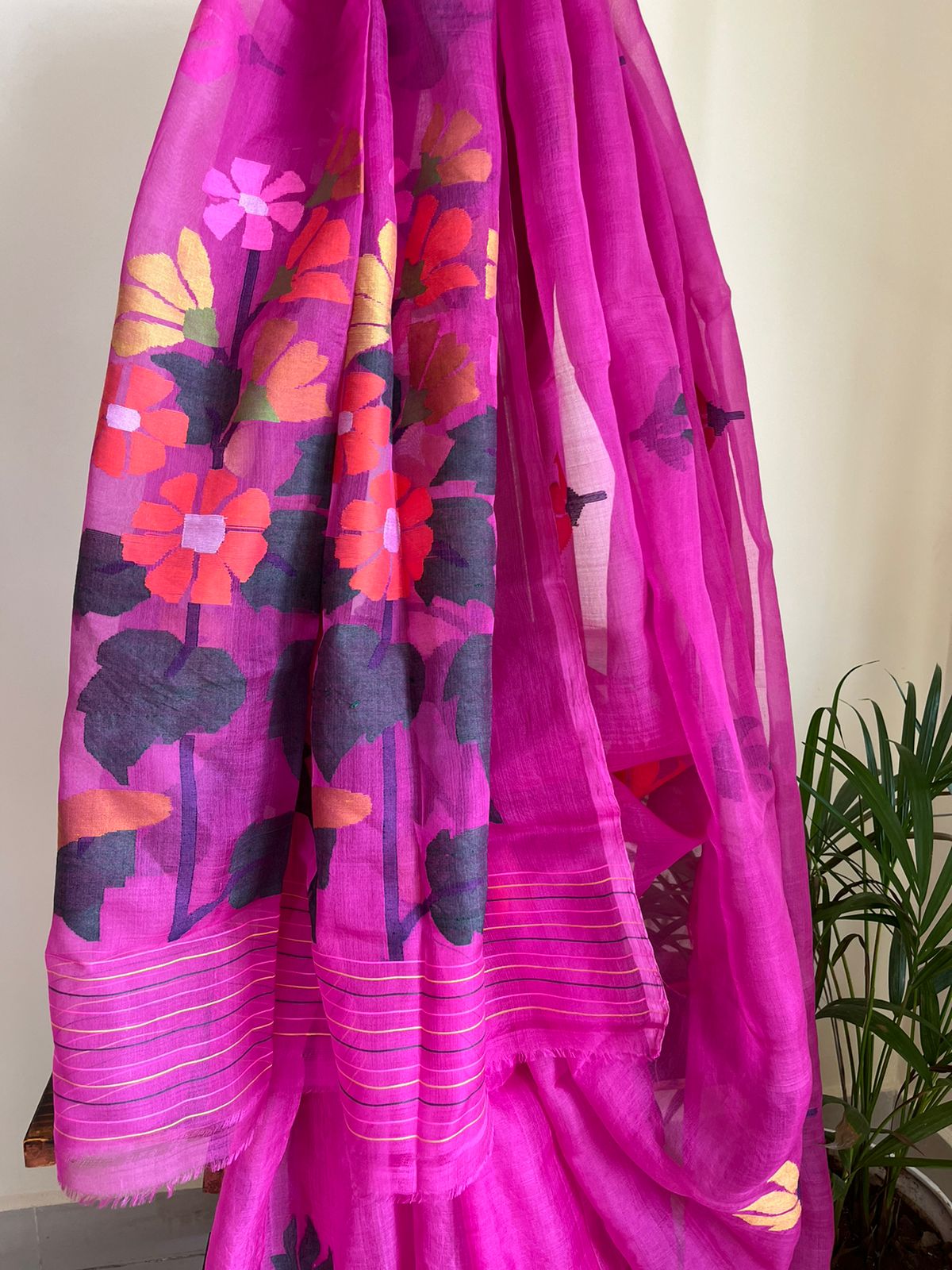 Pure Silk Jamdani Handloom saree - Pink with multicolour weave