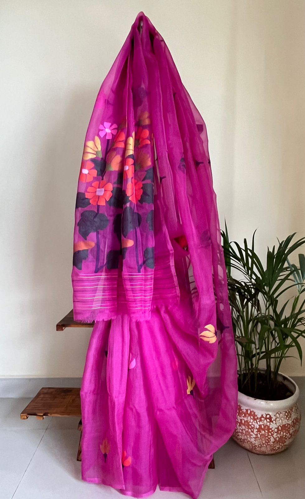 Pure Silk Jamdani Handloom saree - Pink with multicolour weave