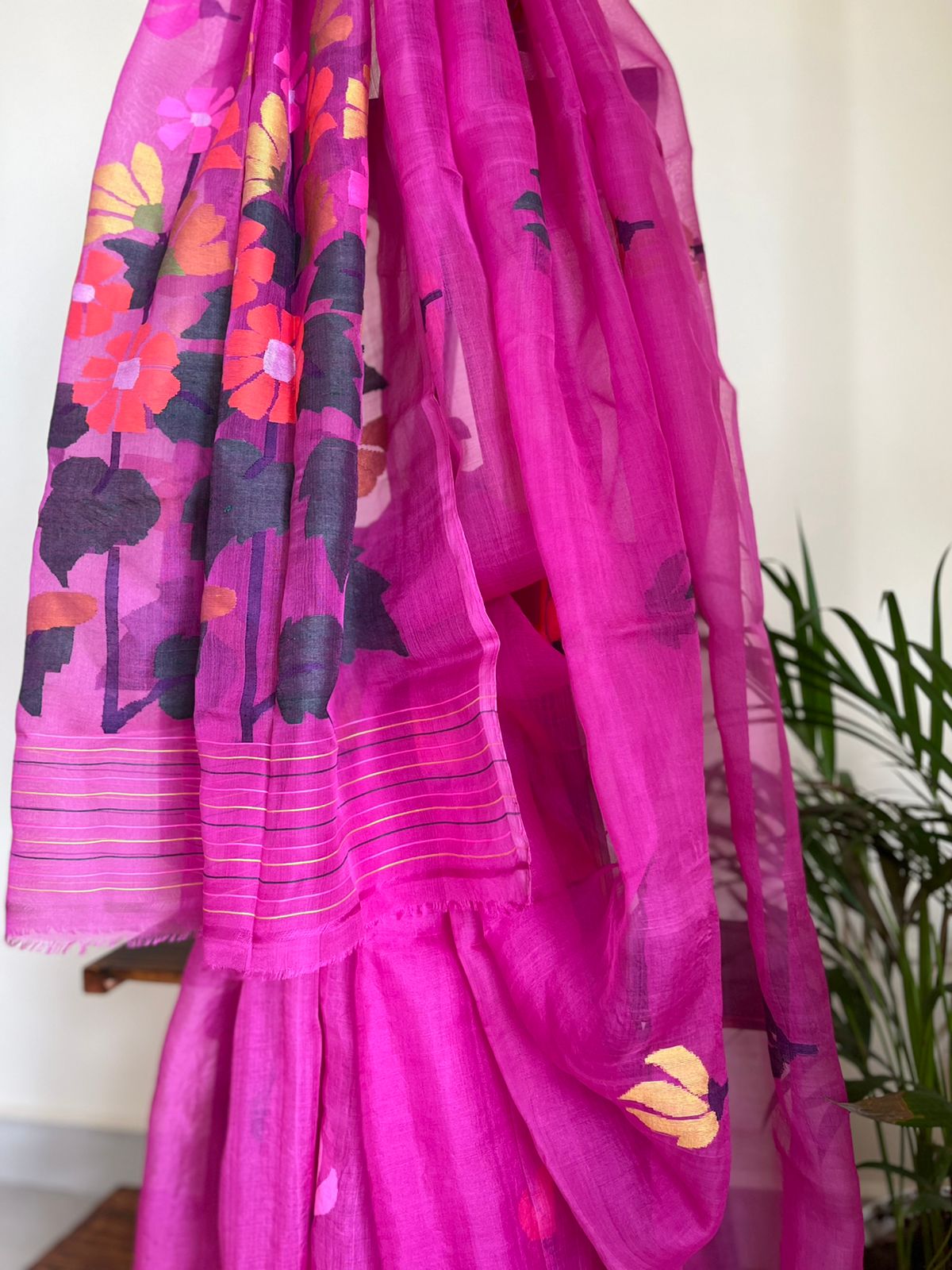 Pure Silk Jamdani Handloom saree - Pink with multicolour weave
