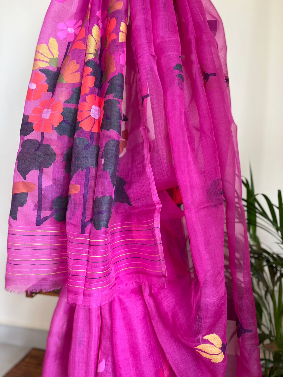 Pure Silk Jamdani Handloom saree - Pink with multicolour weave