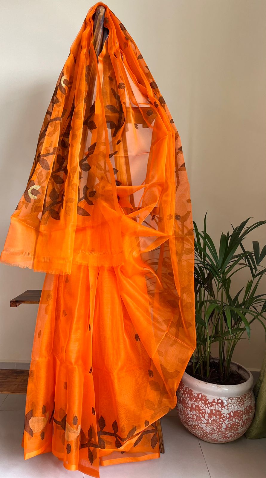 Pure Silk Jamdani Handloom saree- Orange with Black