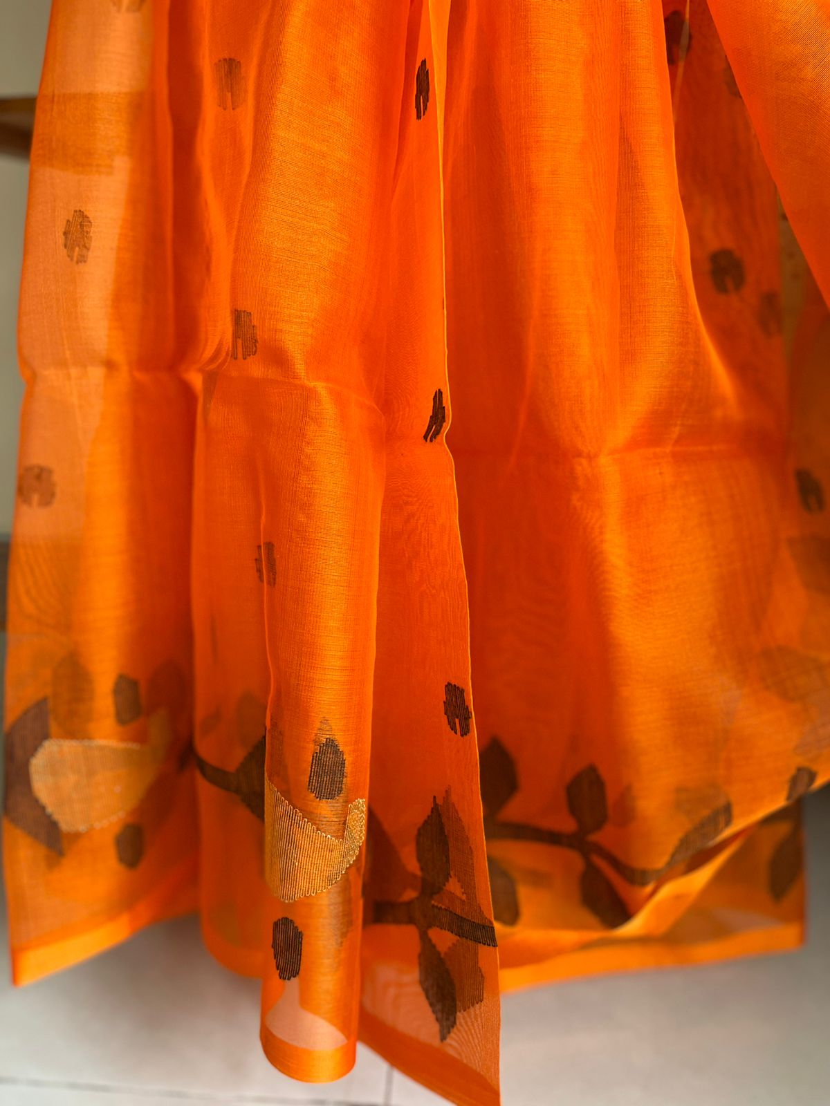 Pure Silk Jamdani Handloom saree- Orange with Black