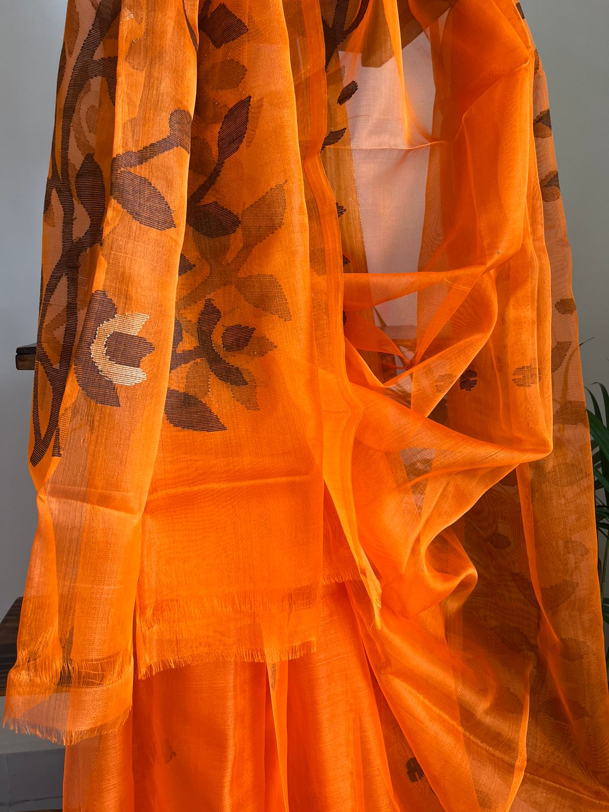 Pure Silk Jamdani Handloom saree- Orange with Black