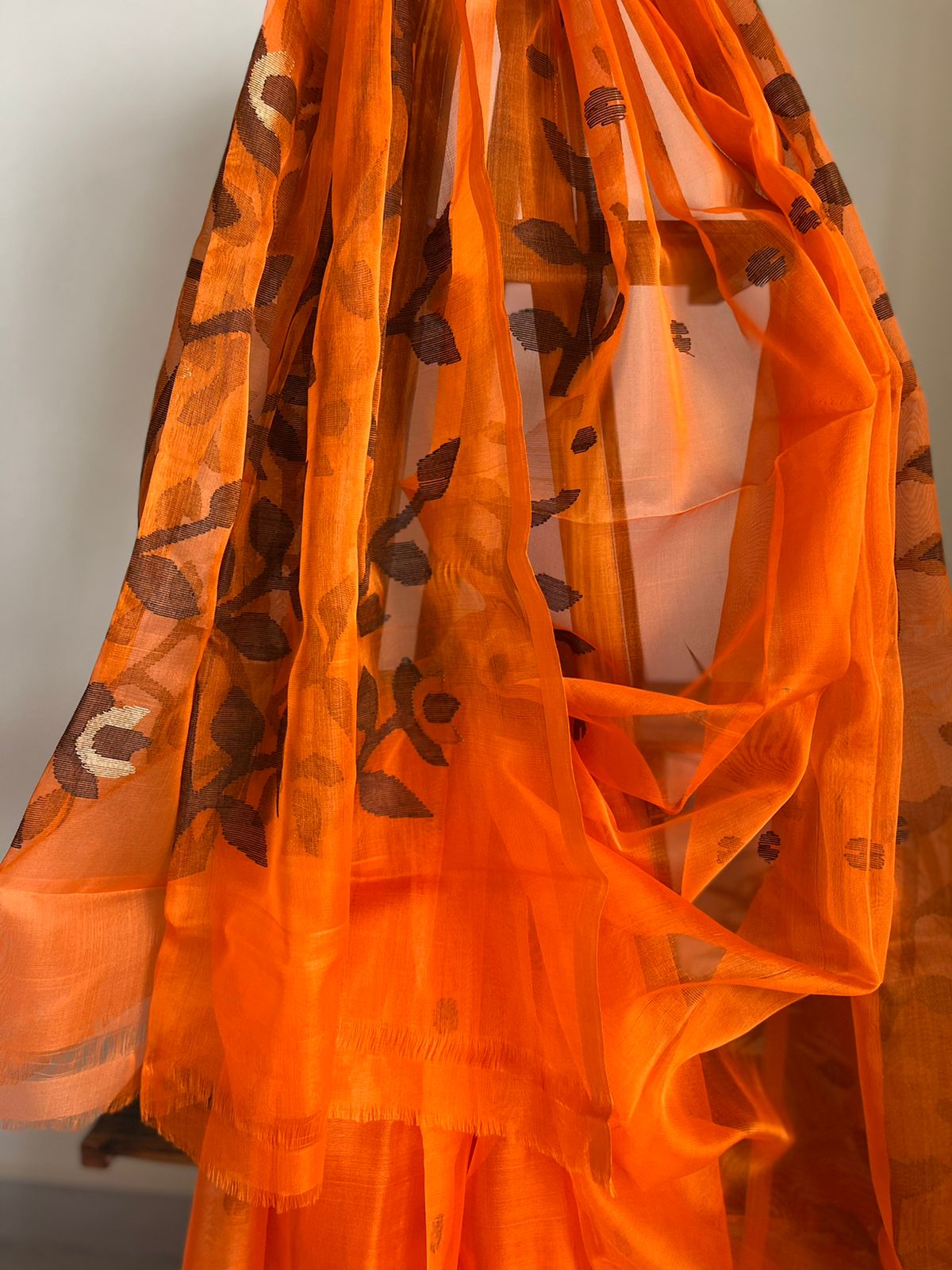 Pure Silk Jamdani Handloom saree- Orange with Black