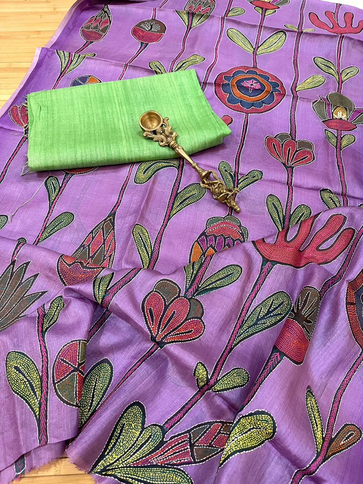 Pure Silk Kurta and Kantha hand embroidered dupatta