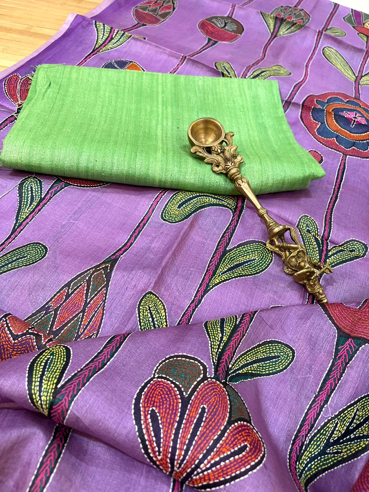 Pure Silk Kurta and Kantha hand embroidered dupatta