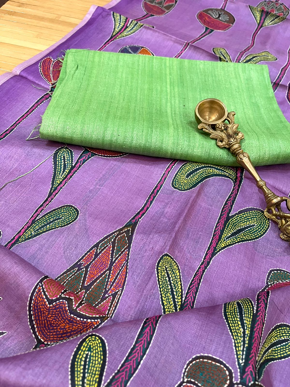 Pure Silk Kurta and Kantha hand embroidered dupatta