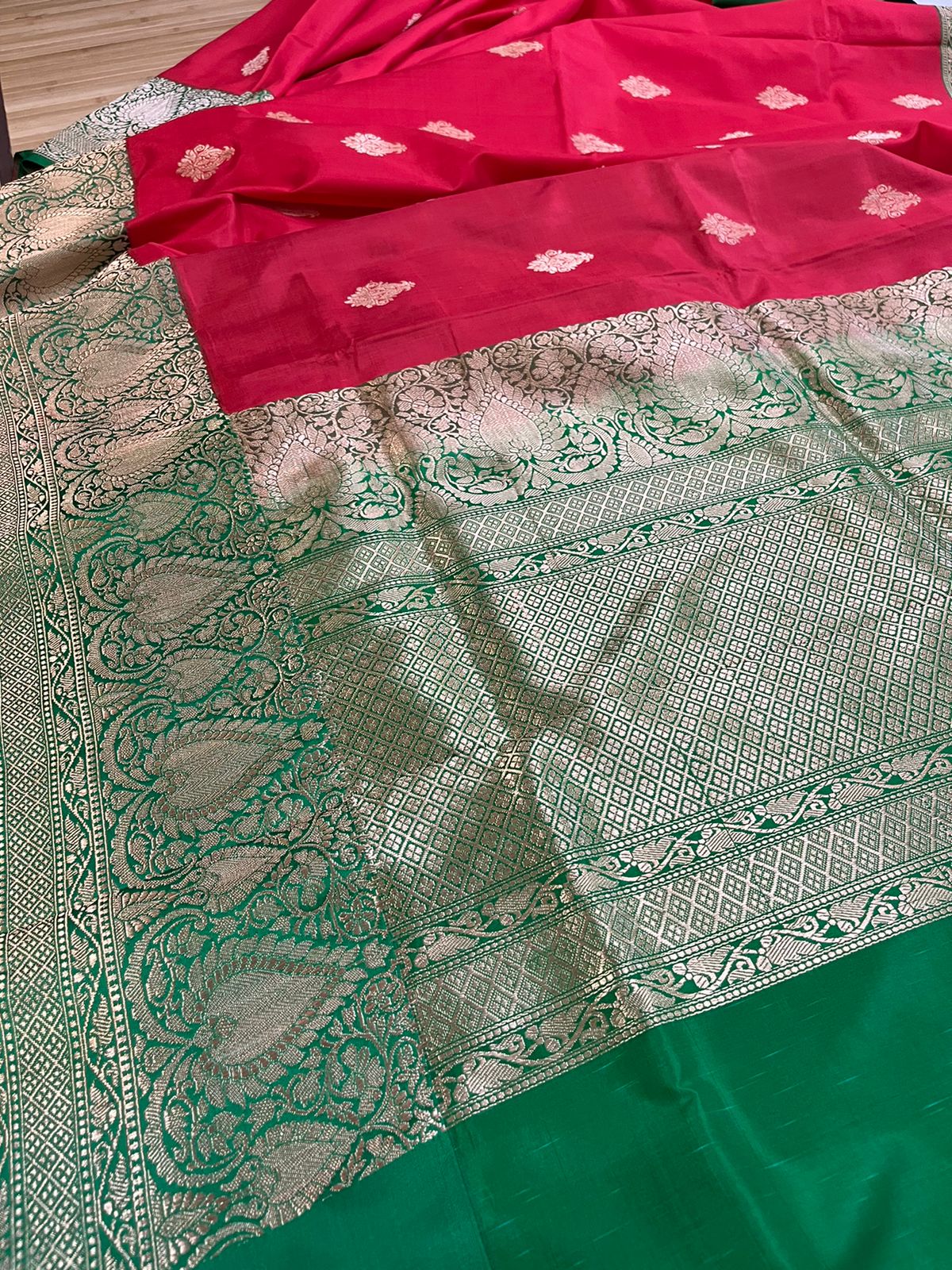 Pure Handloom Banarasi Katan Silk saree - Red and Green