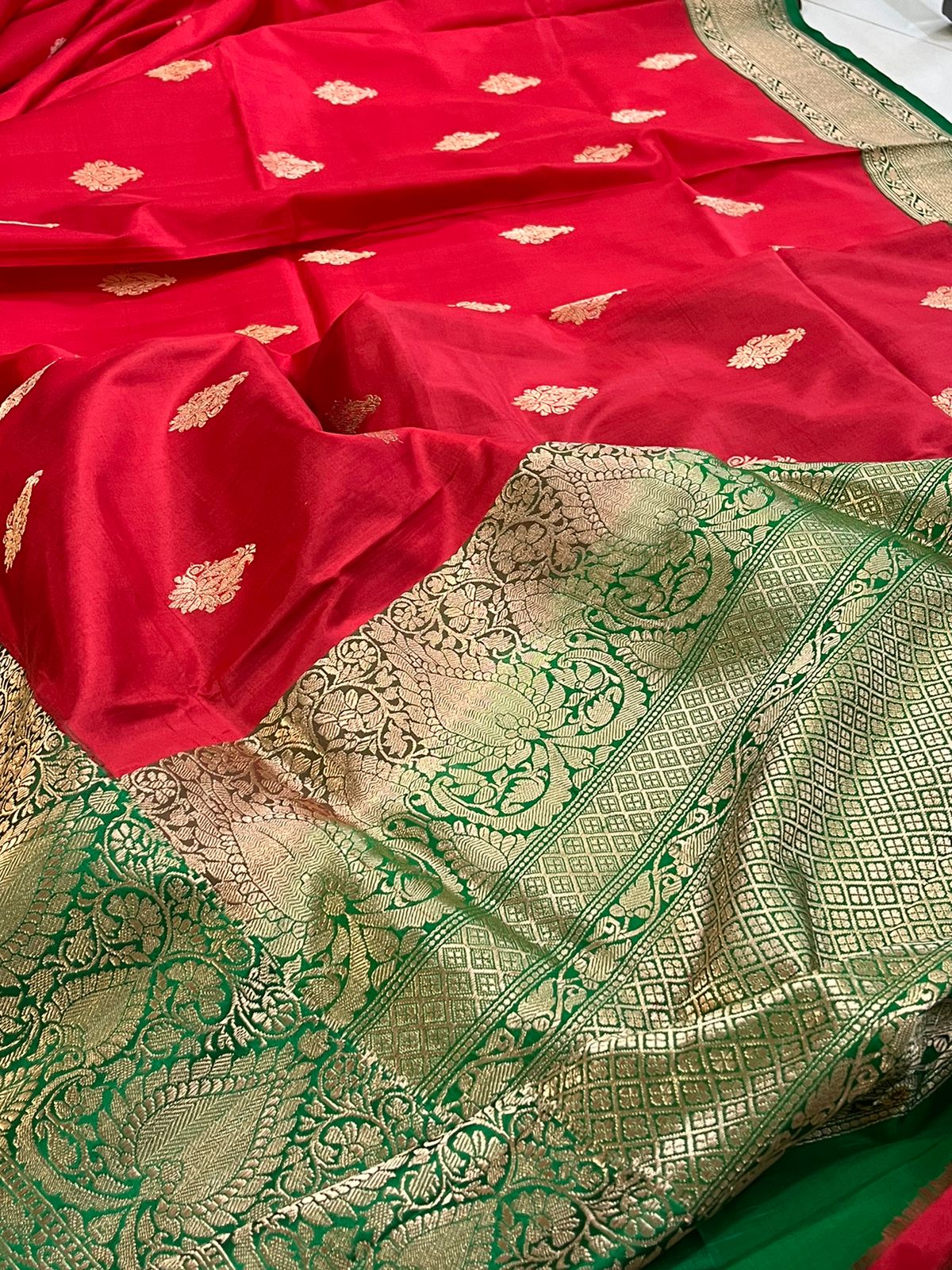 Pure Handloom Banarasi Katan Silk saree - Red and Green