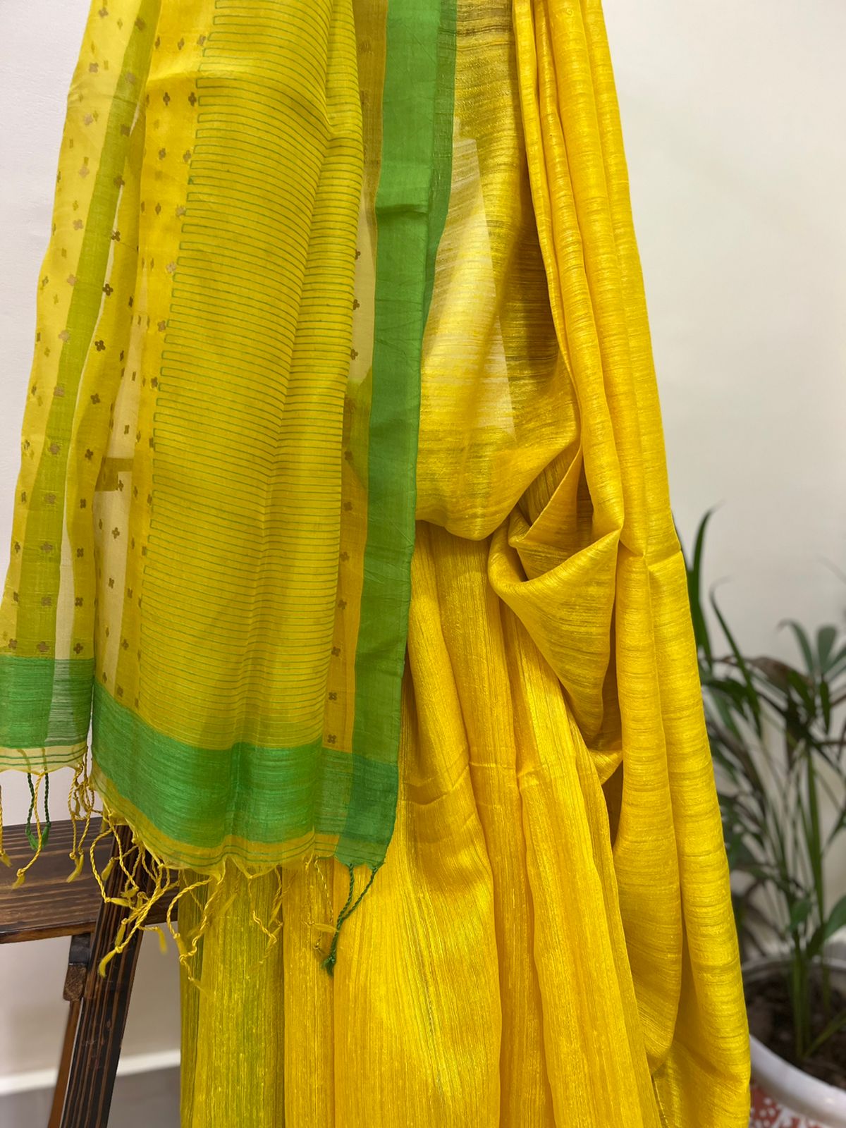 Beautiful Pure Matka Silk Saree - Yellow and Lime Green