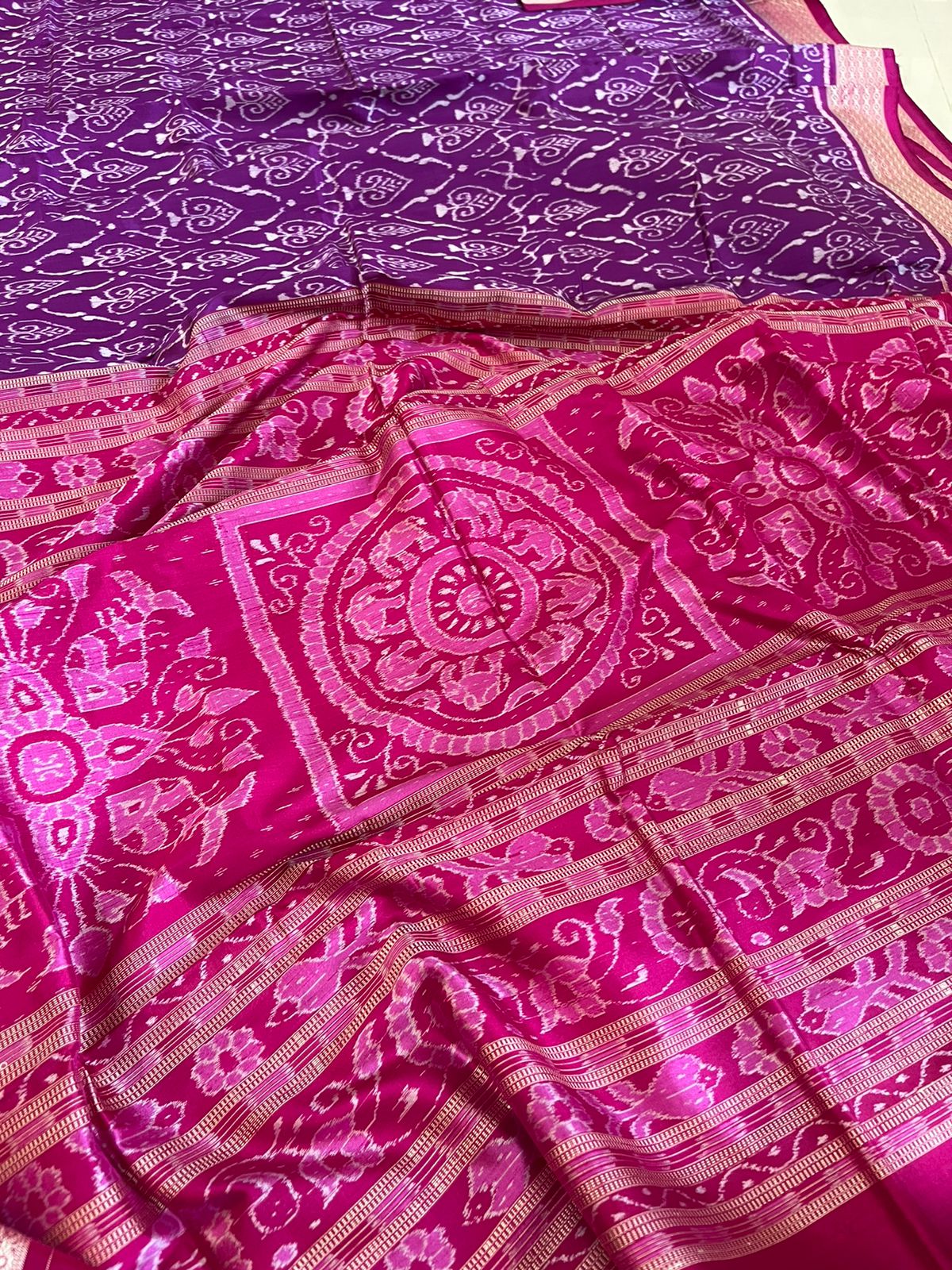 Handwoven Pure Silk Sambhalpuri Bandha Saree - Purple and Pink