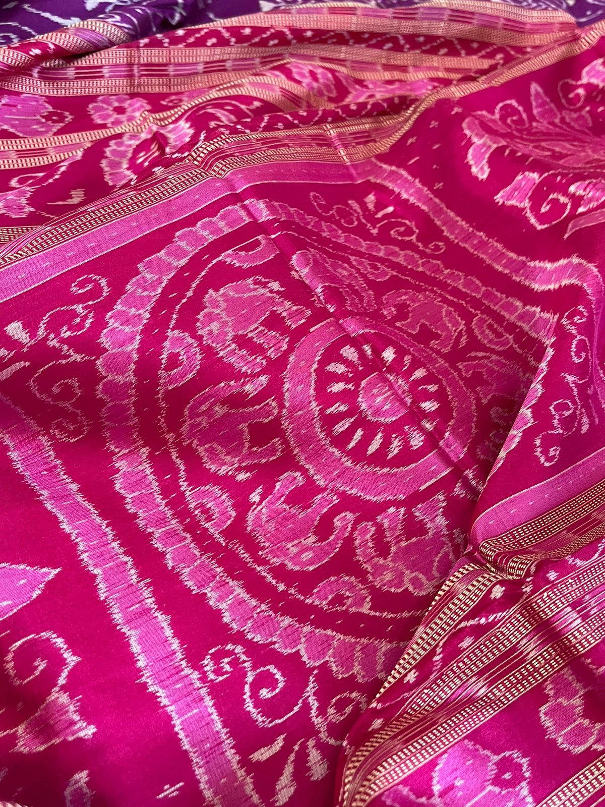 Handwoven Pure Silk Sambhalpuri Bandha Saree - Purple and Pink