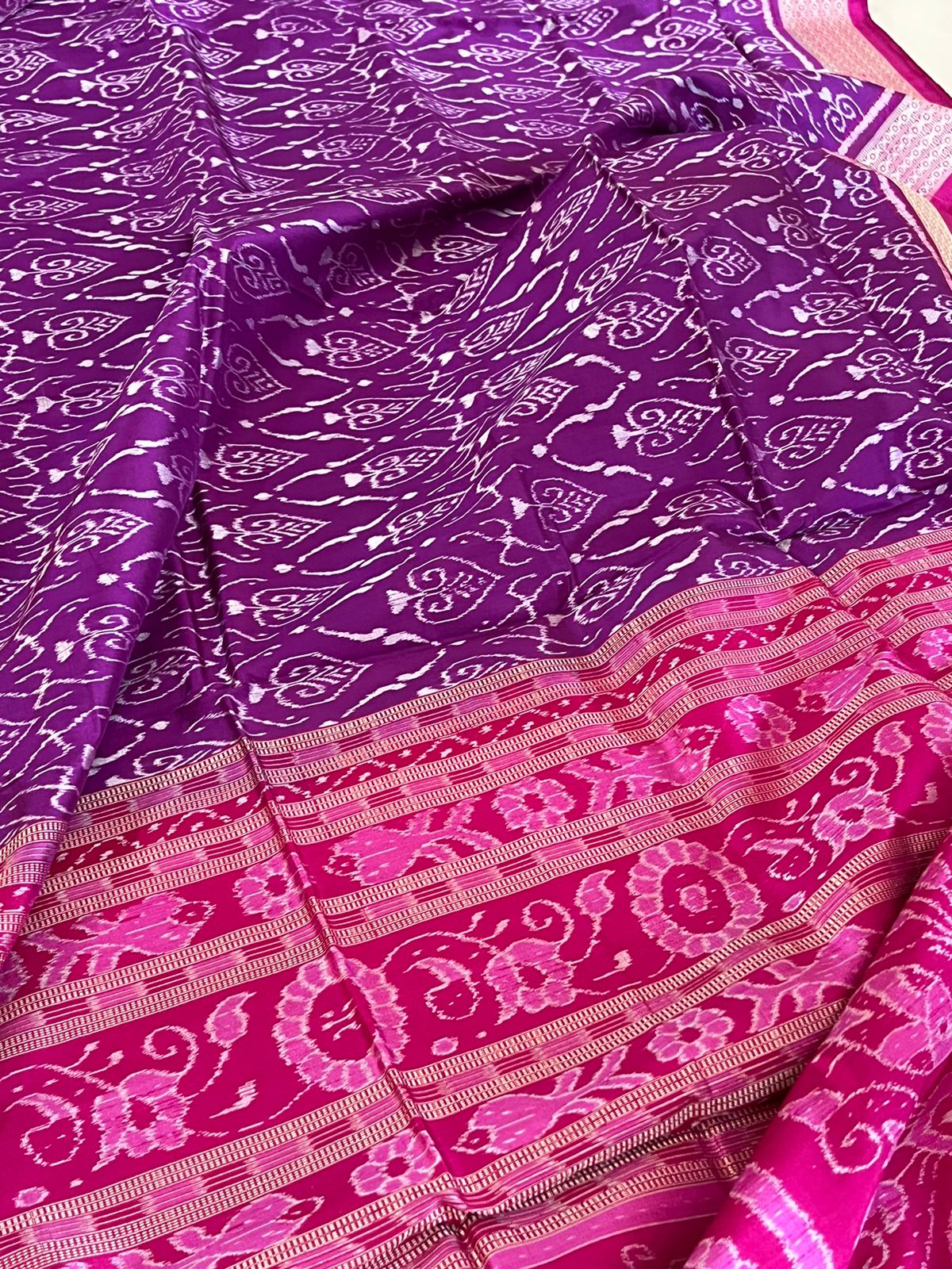 Handwoven Pure Silk Sambhalpuri Bandha Saree - Purple and Pink
