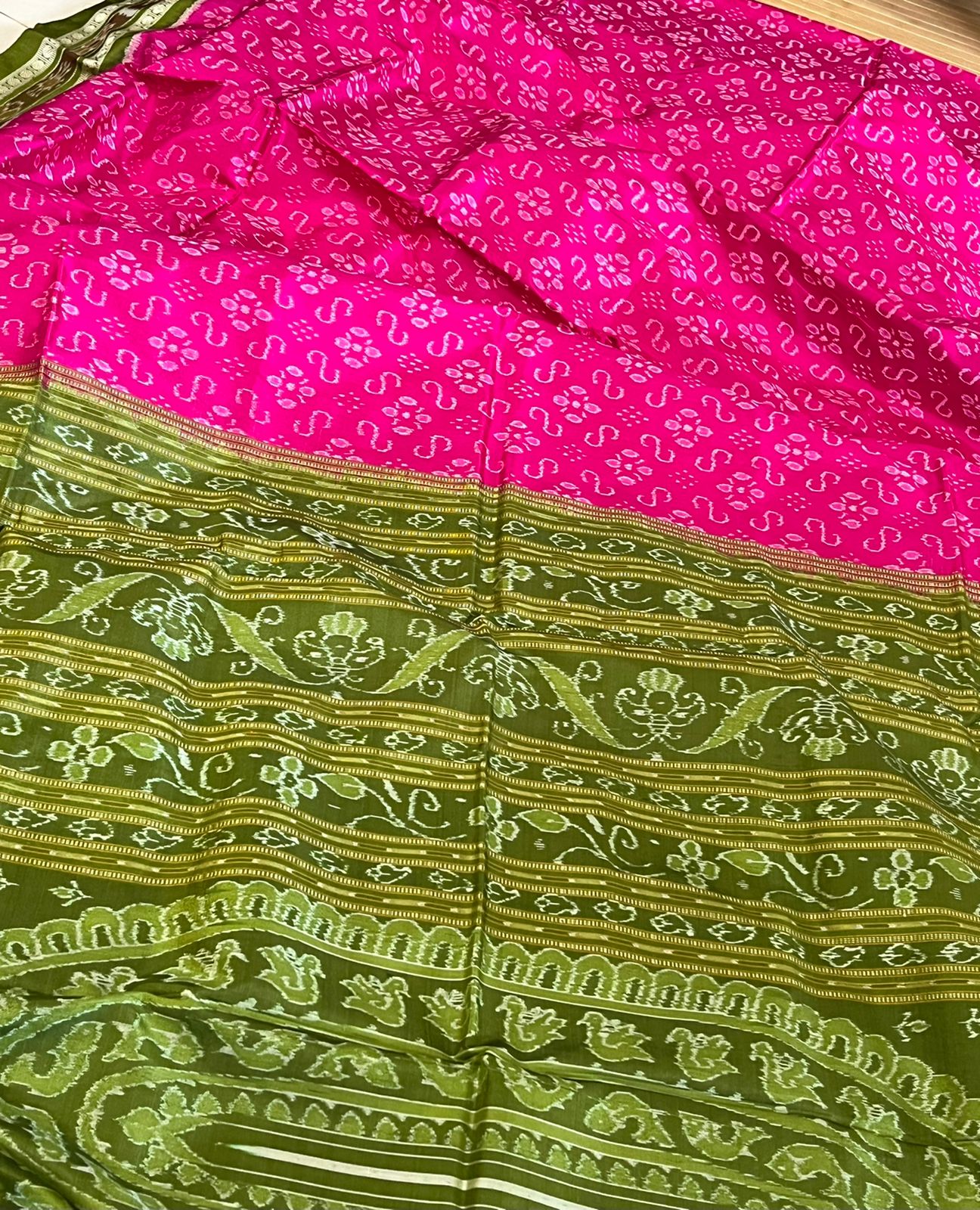 Handwoven Pure Silk Sambhalpuri Bandha Saree - Pink and Green