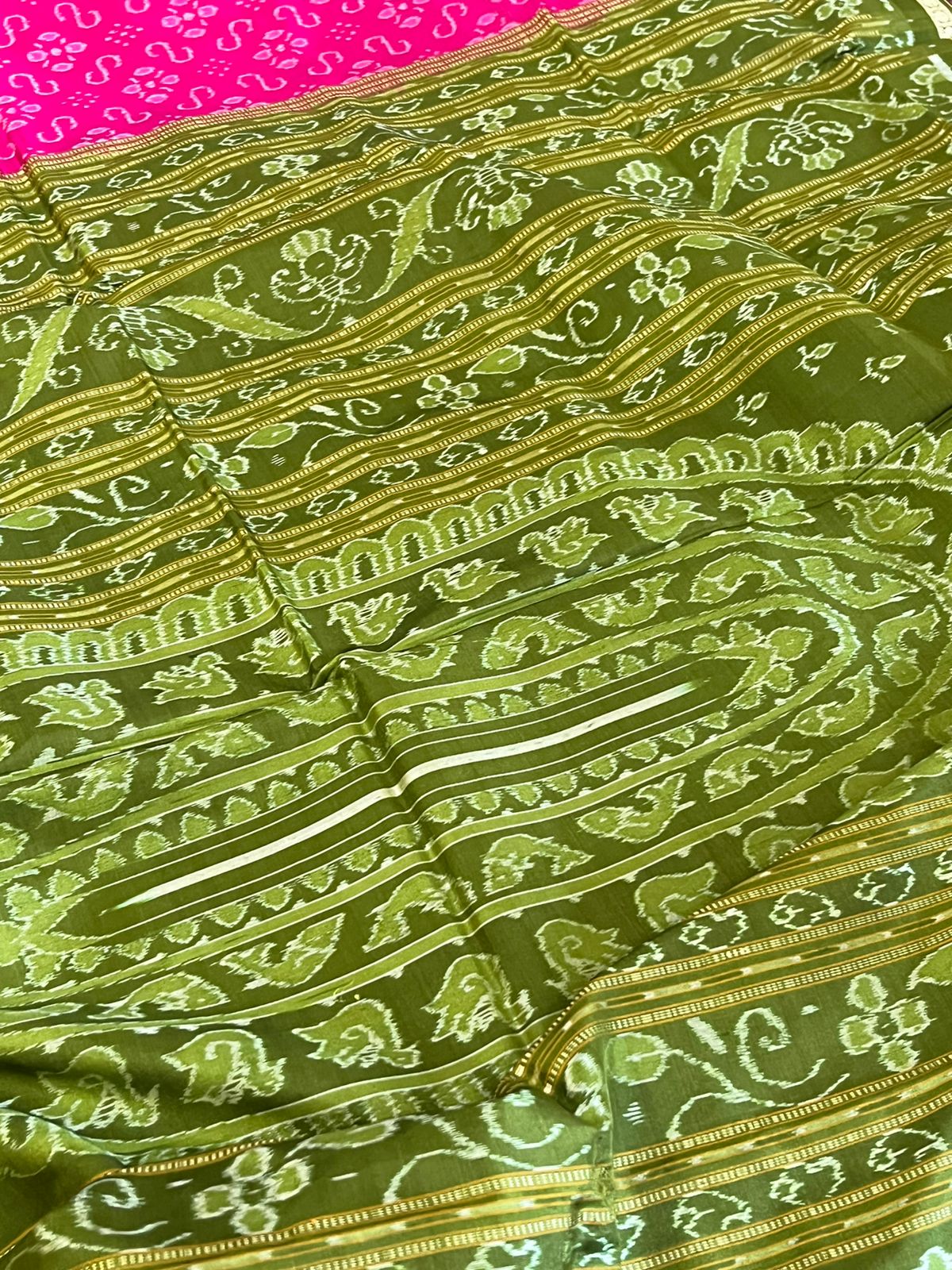 Handwoven Pure Silk Sambhalpuri Bandha Saree - Pink and Green