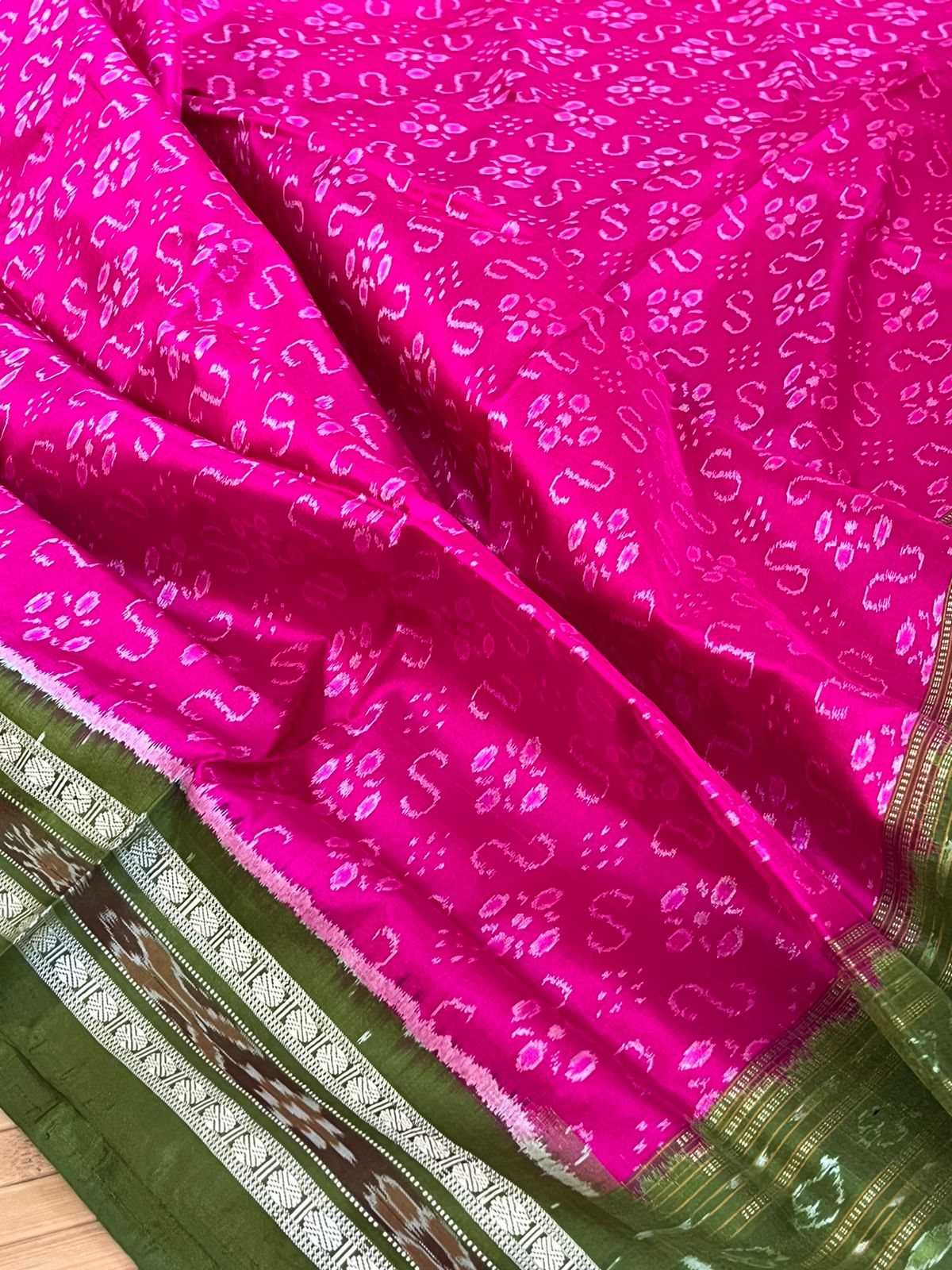 Handwoven Pure Silk Sambhalpuri Bandha Saree - Pink and Green