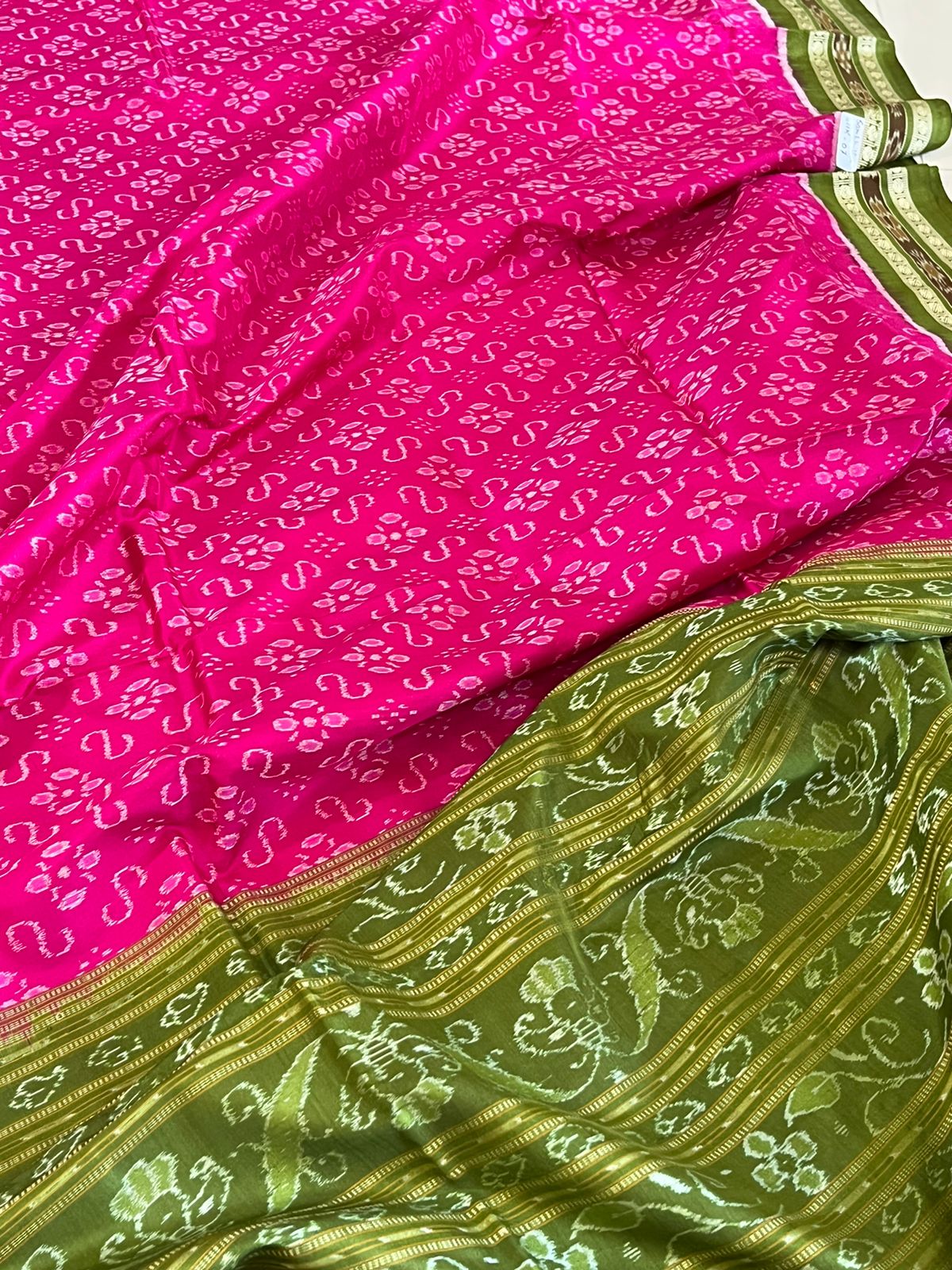 Handwoven Pure Silk Sambhalpuri Bandha Saree - Pink and Green