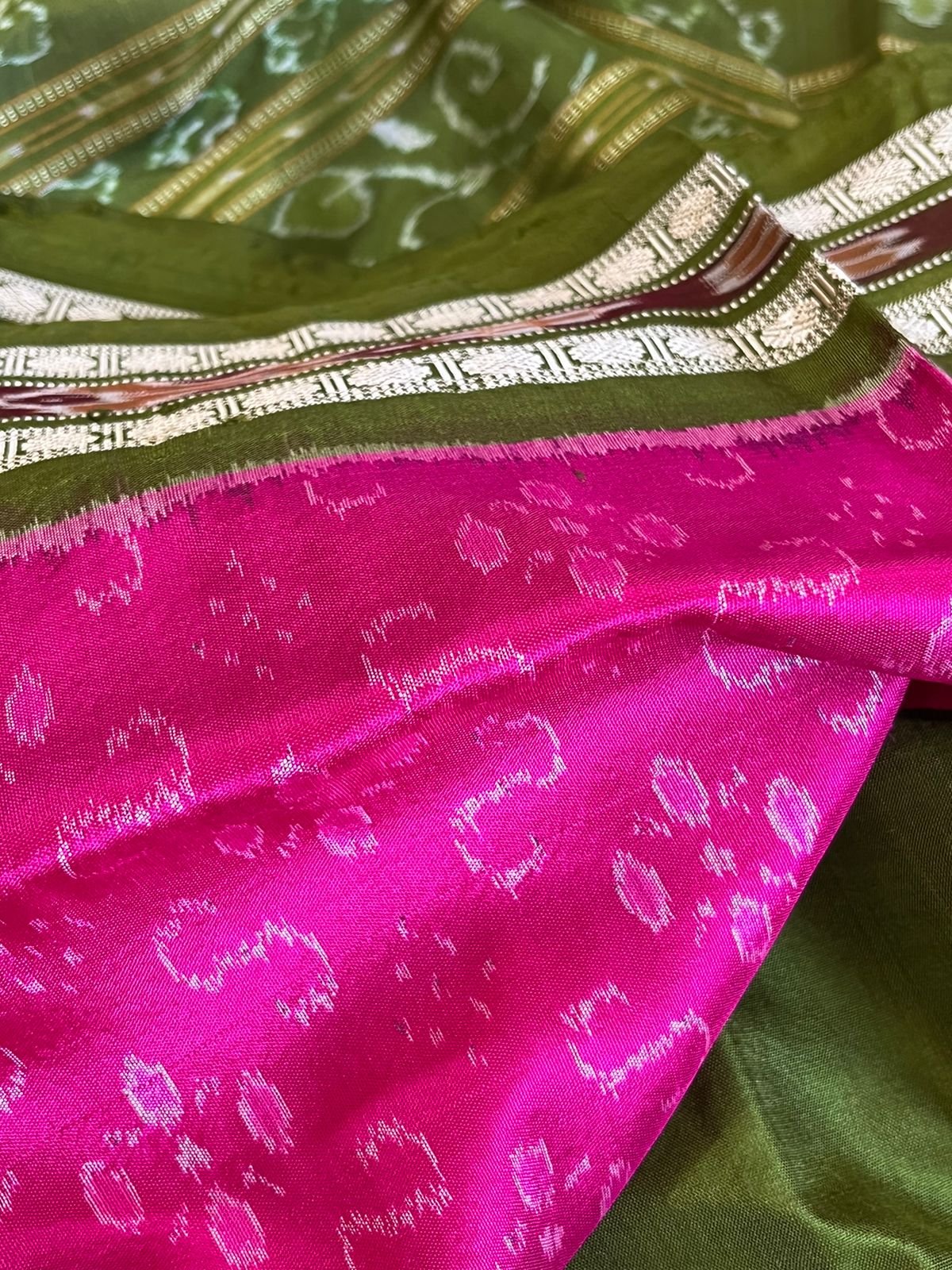 Handwoven Pure Silk Sambhalpuri Bandha Saree - Pink and Green